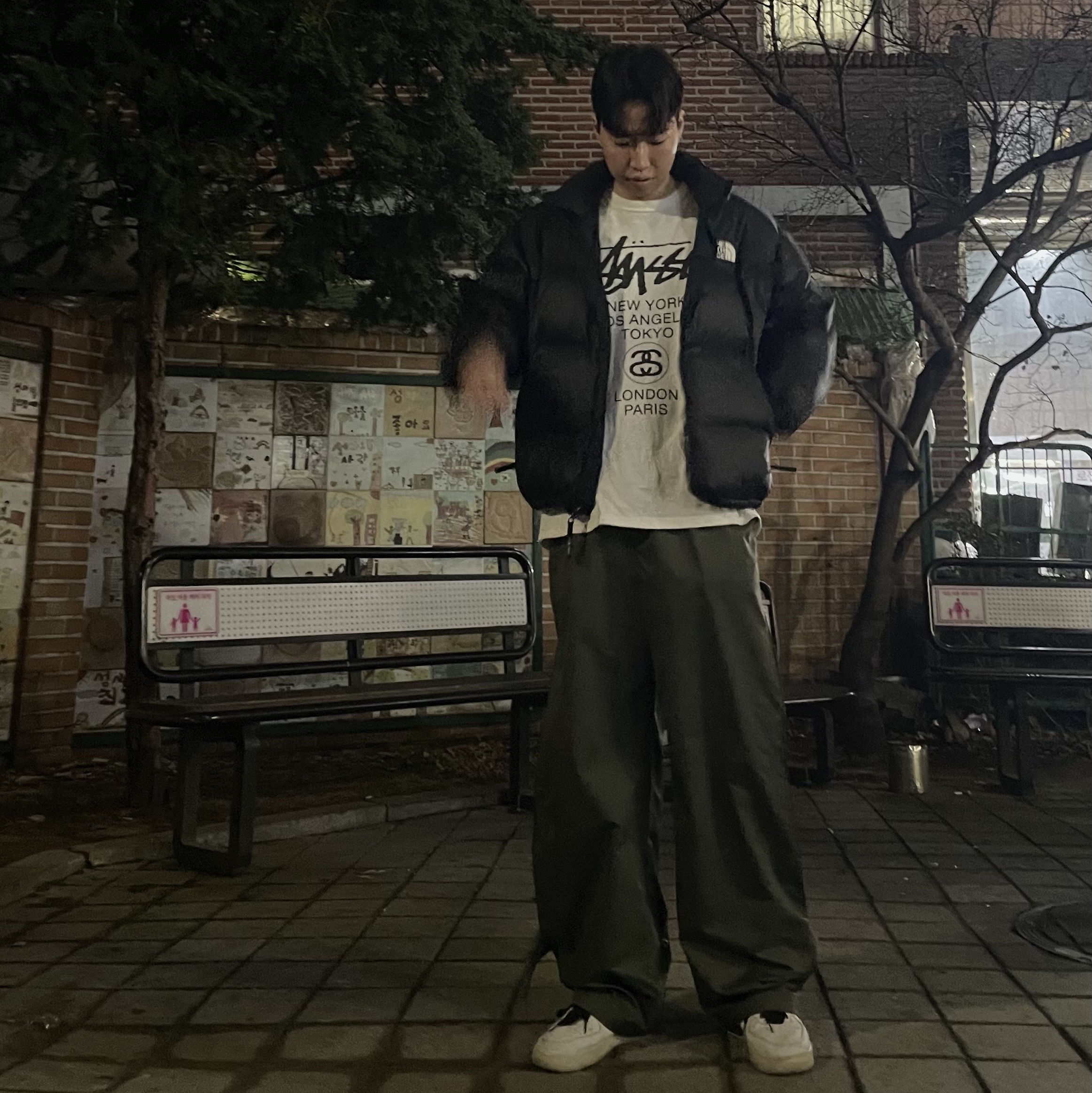 The North Face 1996 Eco Nuptse Jacket Black, Stussy World Tour LS T-Shirt White 착용 스타일