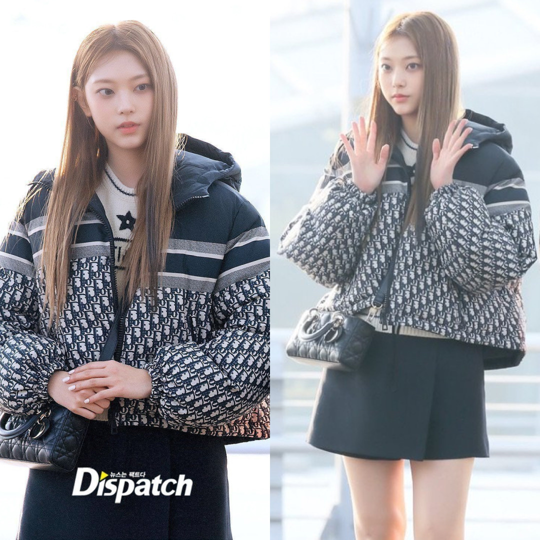 (W) Dior Reversible Cropped Down Jacket Blue and Ecru Dior Oblique Quilted Technical Taffeta, (W) Dior Christian Dior Short Sleeved Sweater Cashmere Wool Knit Ecru 착용 스타일 - 2