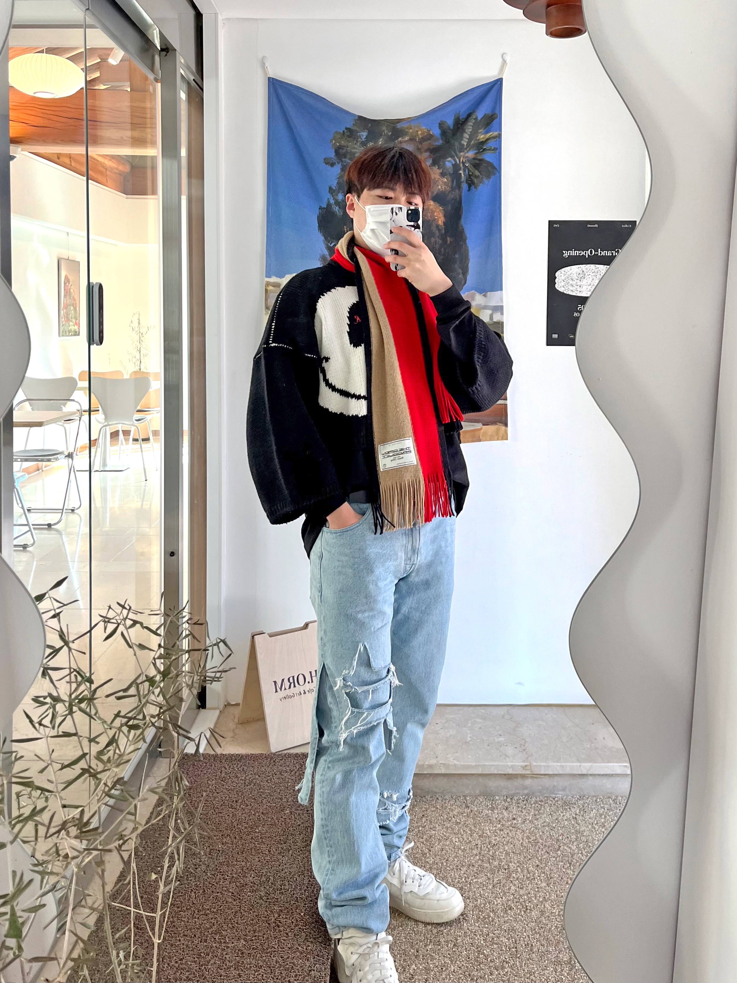 Nike x Comme des Garcons Homme Plus Air Force Mid White, Open Yy Fringe Stripe Muffler Red 착용 스타일 - 1