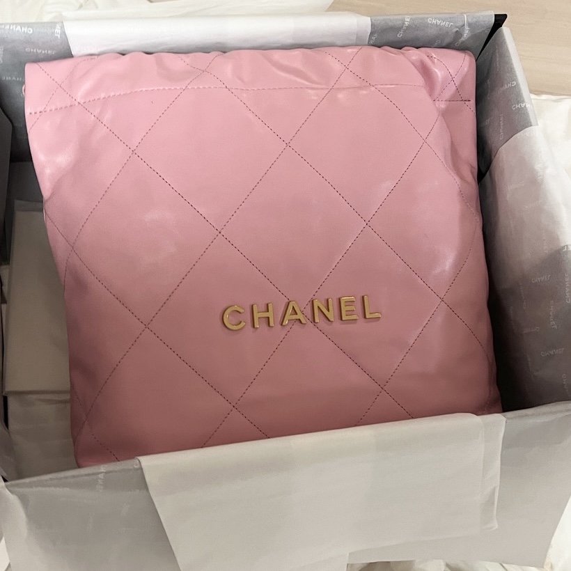 Chanel 22 Small Handbag Shiny Calfskin & Gold Light Pink 착용 스타일