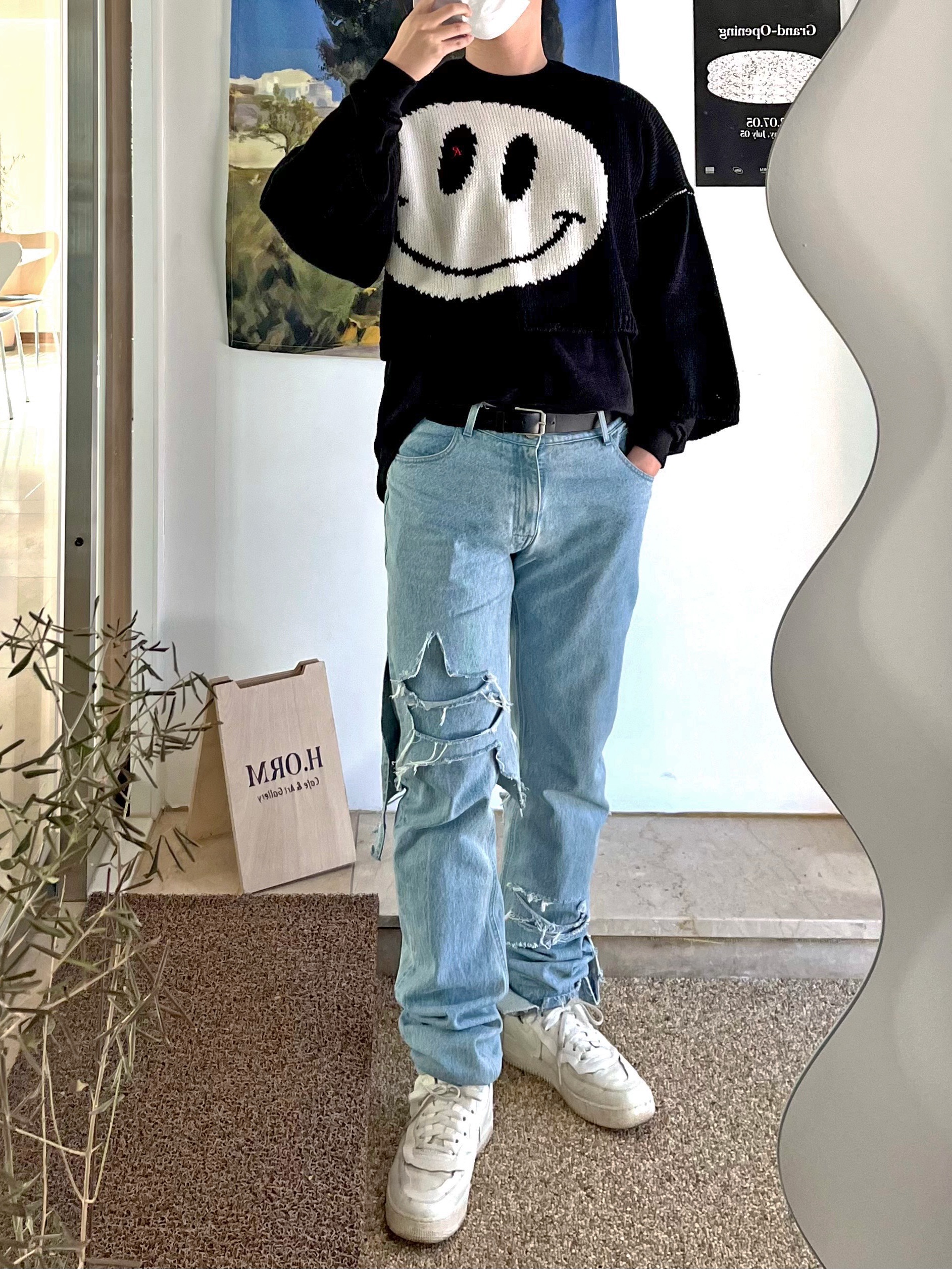 Nike x Comme des Garcons Homme Plus Air Force Mid White, Open Yy Fringe Stripe Muffler Red 착용 스타일 - 2