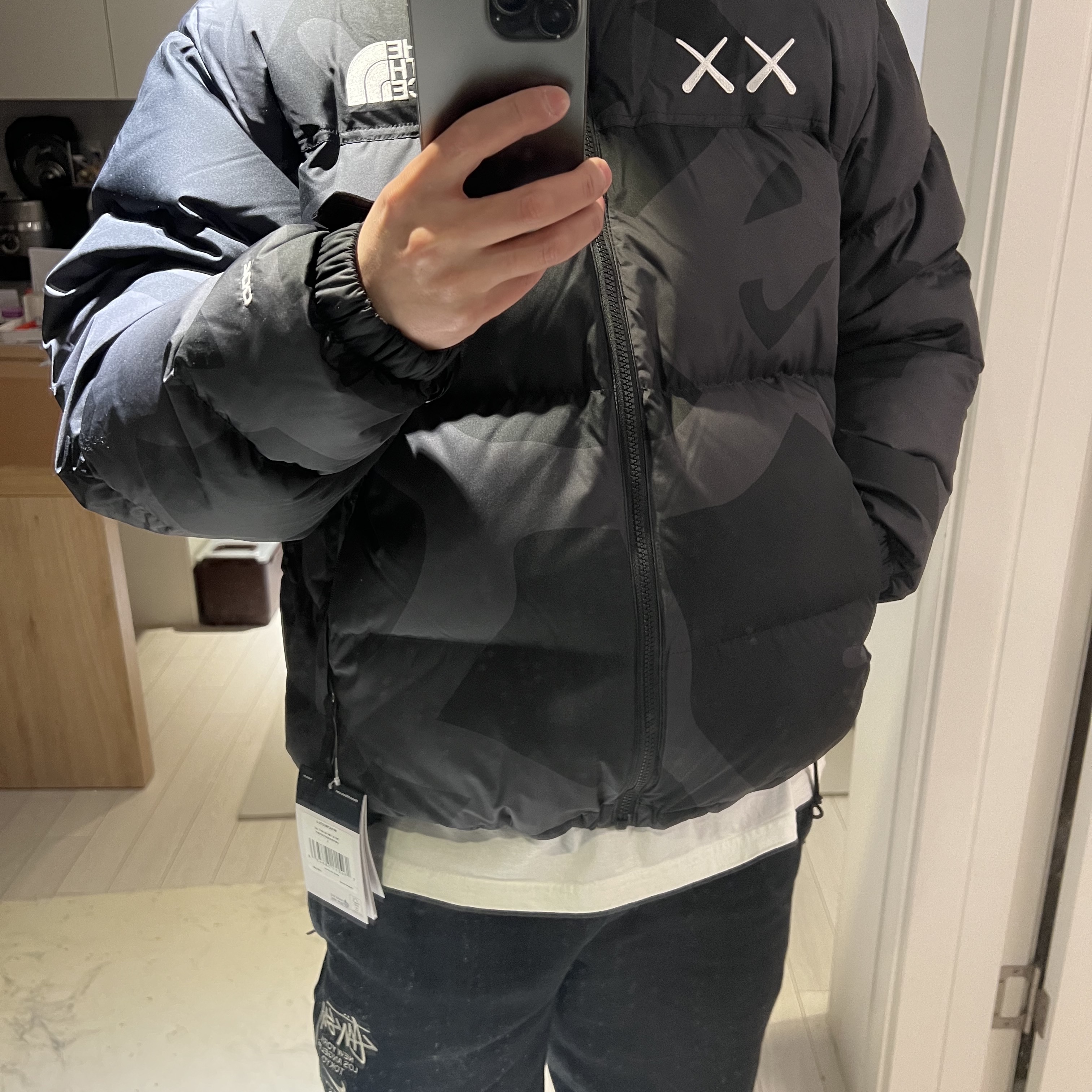 The North Face x Kaws Retro 1996 Nuptse Jacket Black Print - 22FW 착용 스타일 - 5
