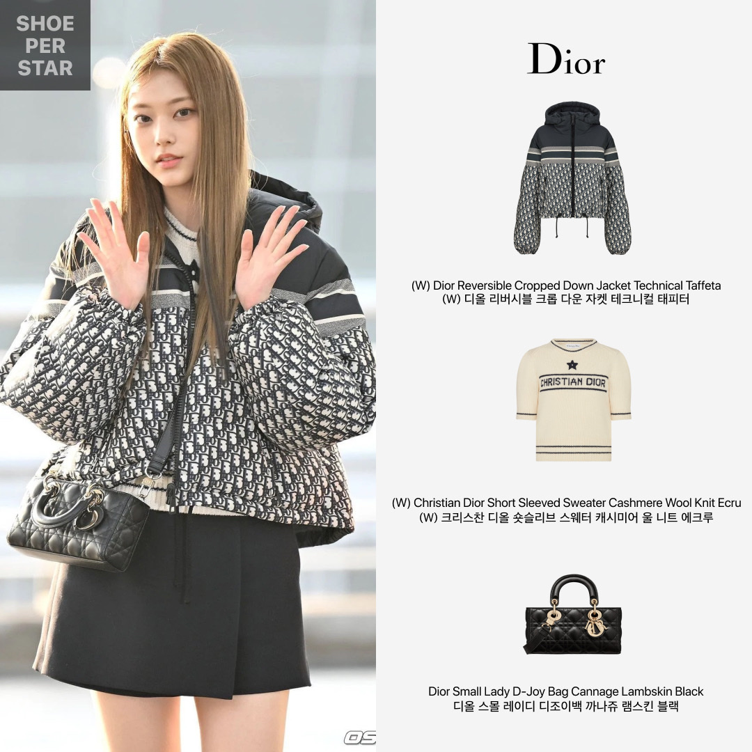 (W) Dior Reversible Cropped Down Jacket Blue and Ecru Dior Oblique Quilted Technical Taffeta, (W) Dior Christian Dior Short Sleeved Sweater Cashmere Wool Knit Ecru 착용 스타일 - 1
