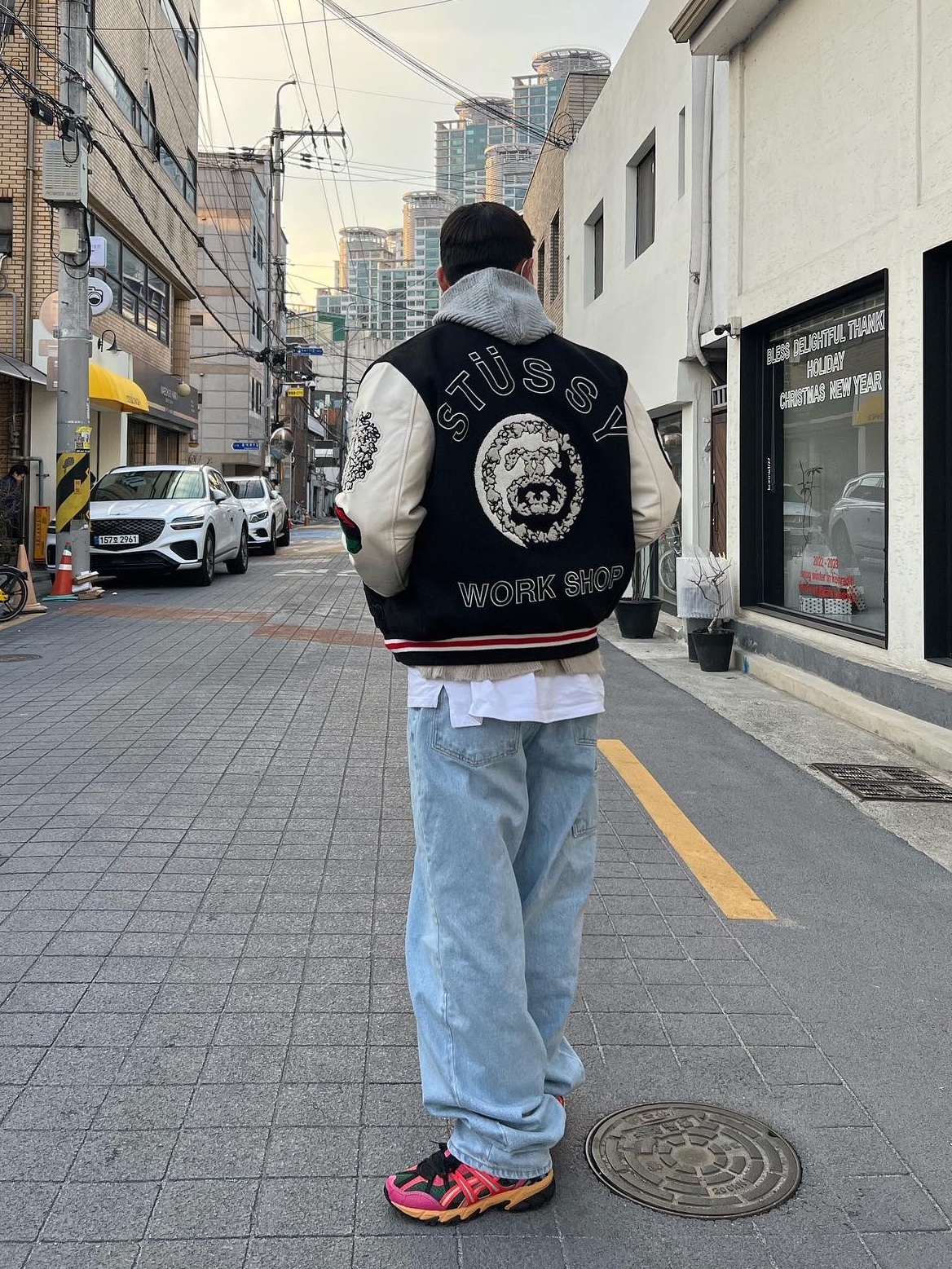 Stussy x Our Legacy x Denim Tears TTL Varsity Jacket Black, Asics x Andersson Bell Gel-Sonoma 15-50 Bright Rose Evergreen 착용 스타일 - 2