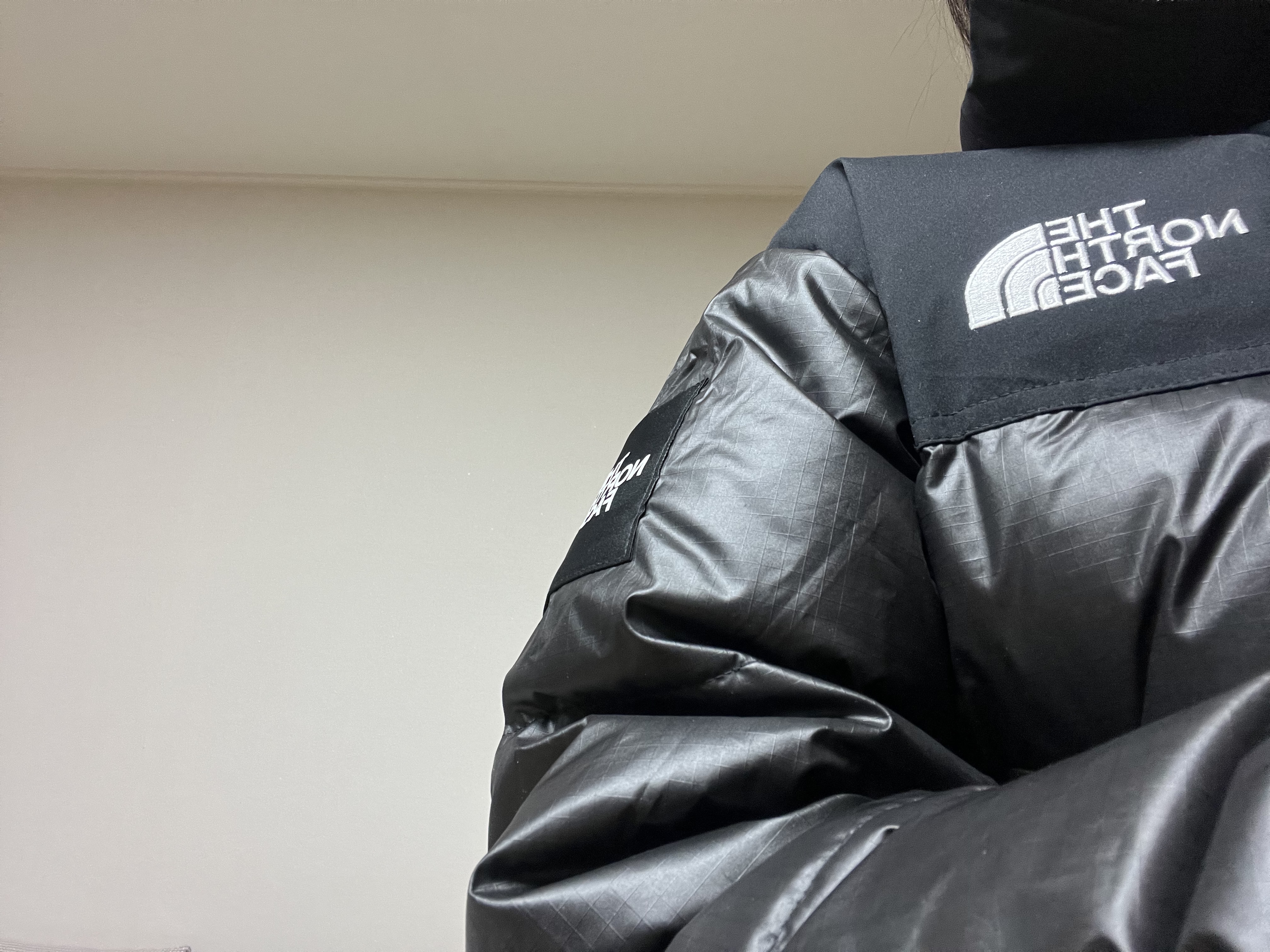 (W) The North Face White Label Novelty Nuptse Down Jacket Black 착용 스타일 - 2