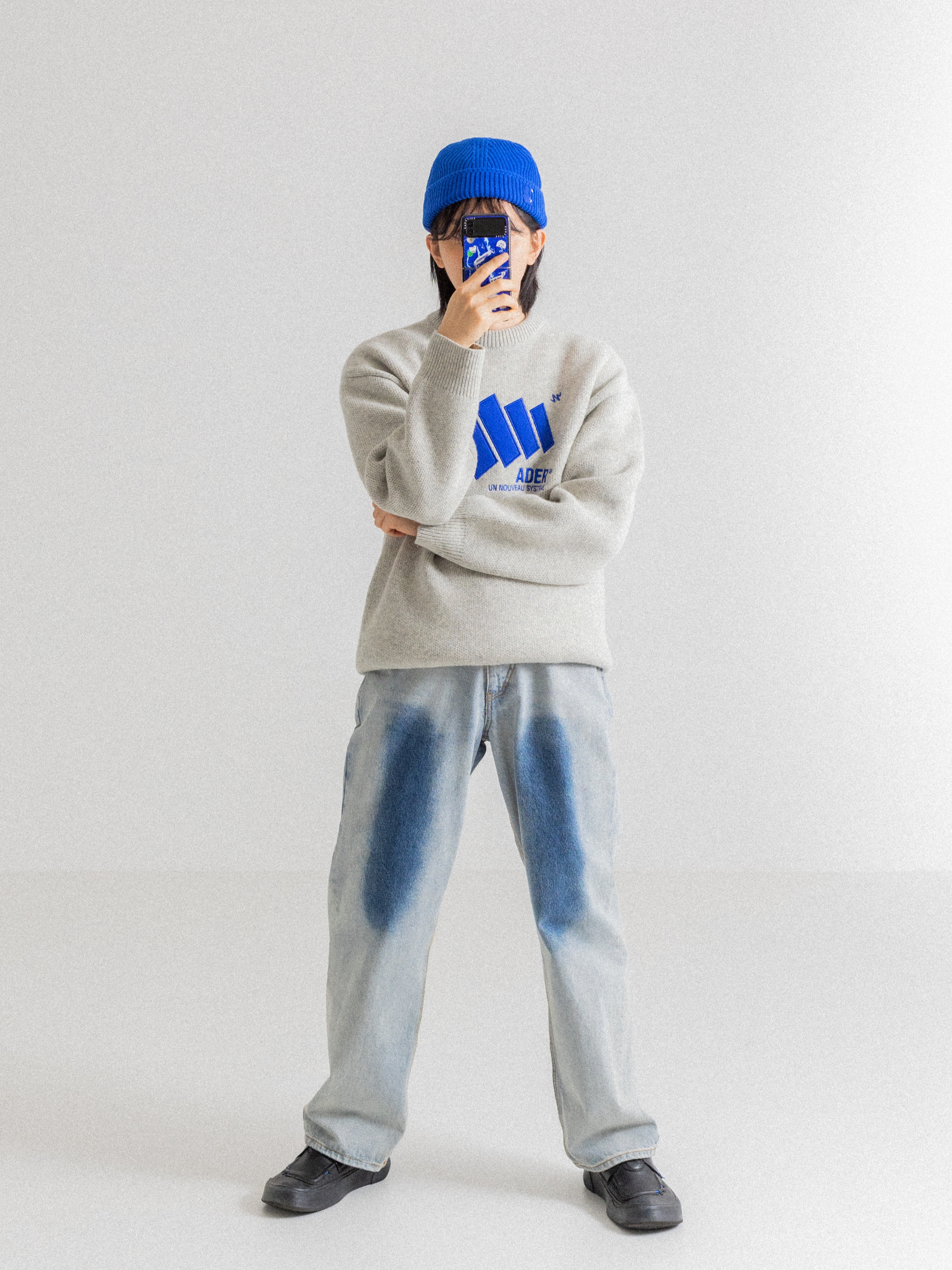 Camper x Ader Error Proto-743-S Black Leather Shoes, Ader Error Block Logo Knit Gray 착용 스타일 - 2