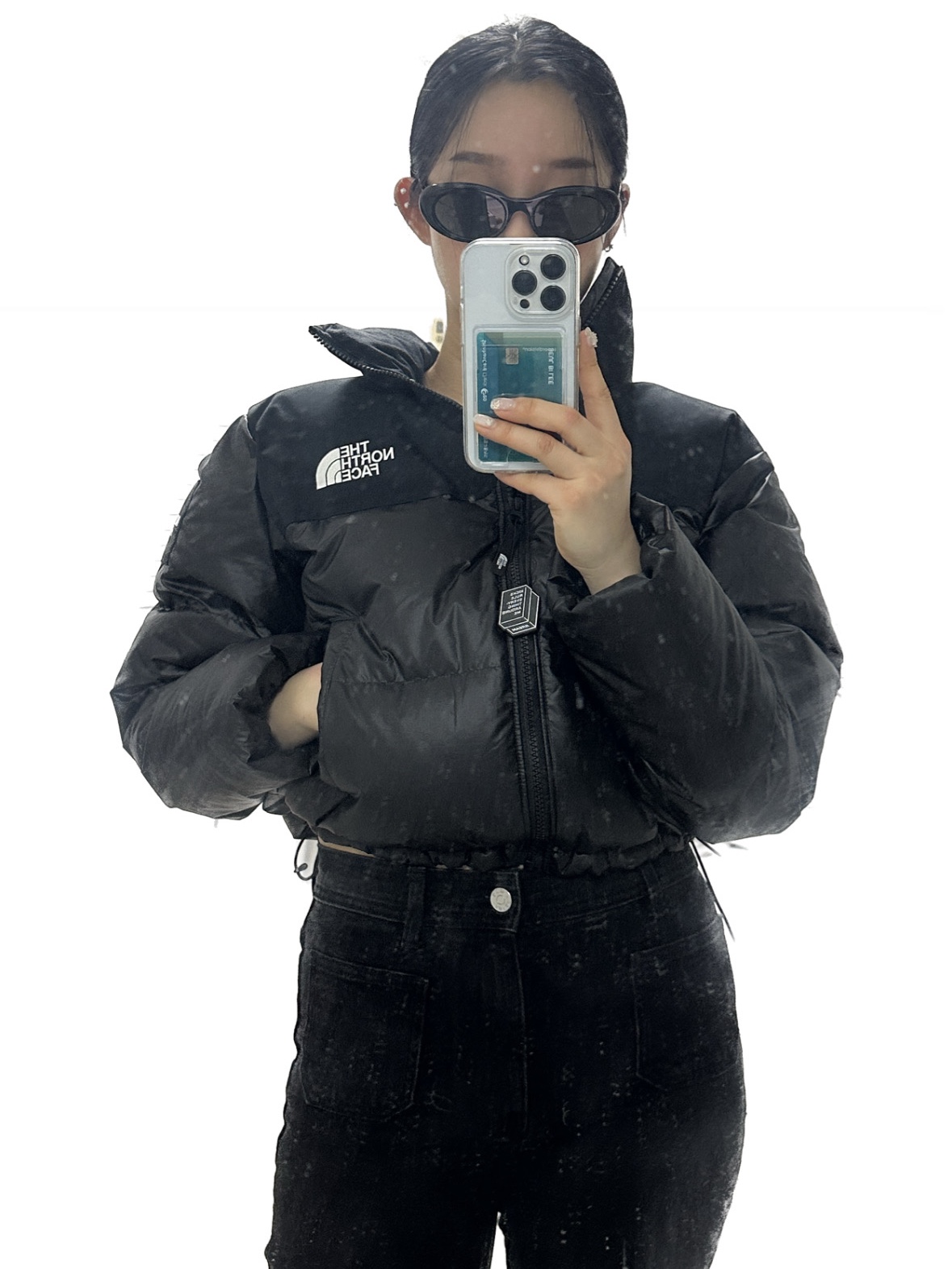 (W) The North Face White Label Novelty Nuptse Down Jacket Black 착용 스타일 - 2