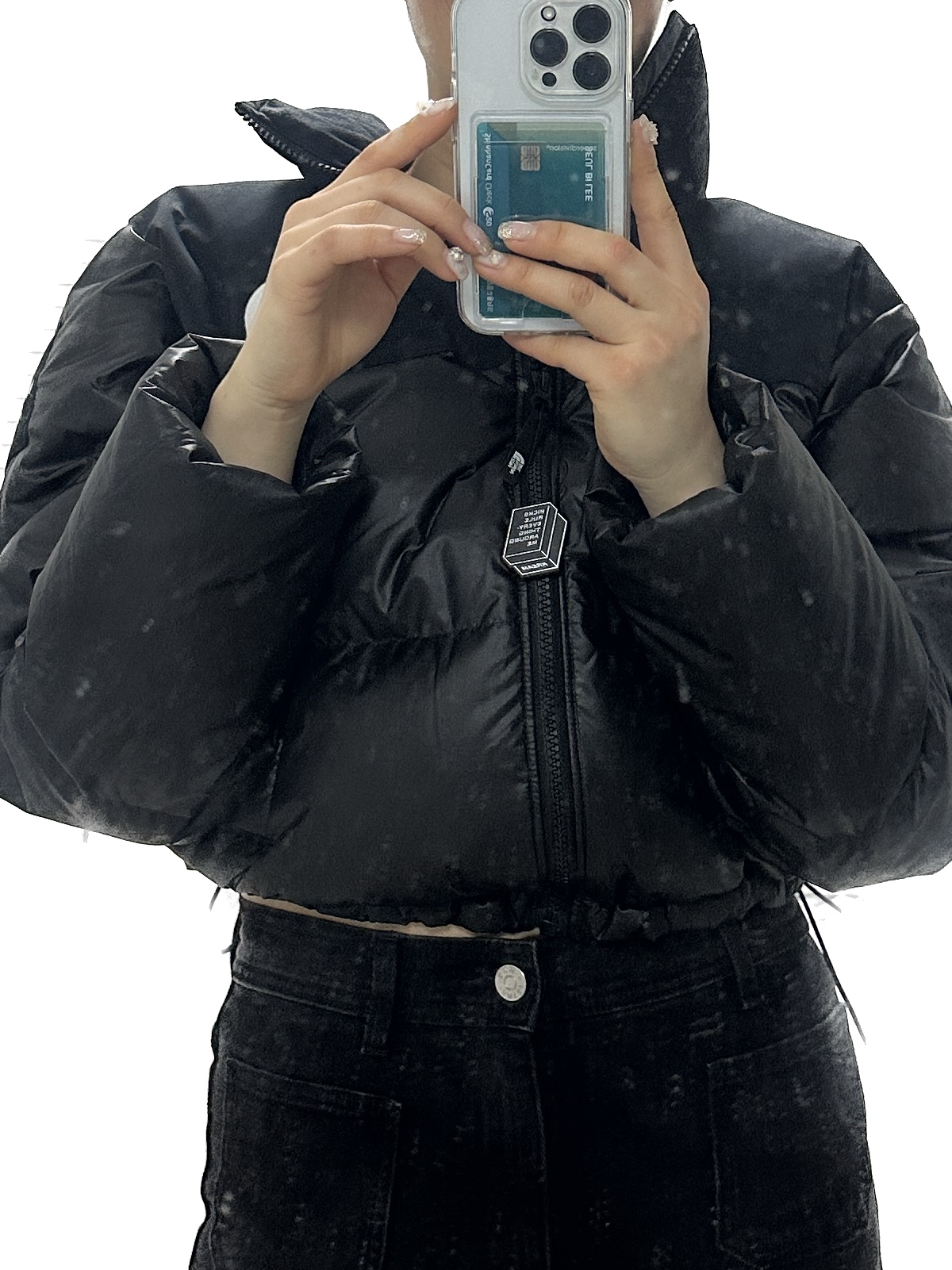 (W) The North Face White Label Novelty Nuptse Down Jacket Black 착용 스타일 - 1