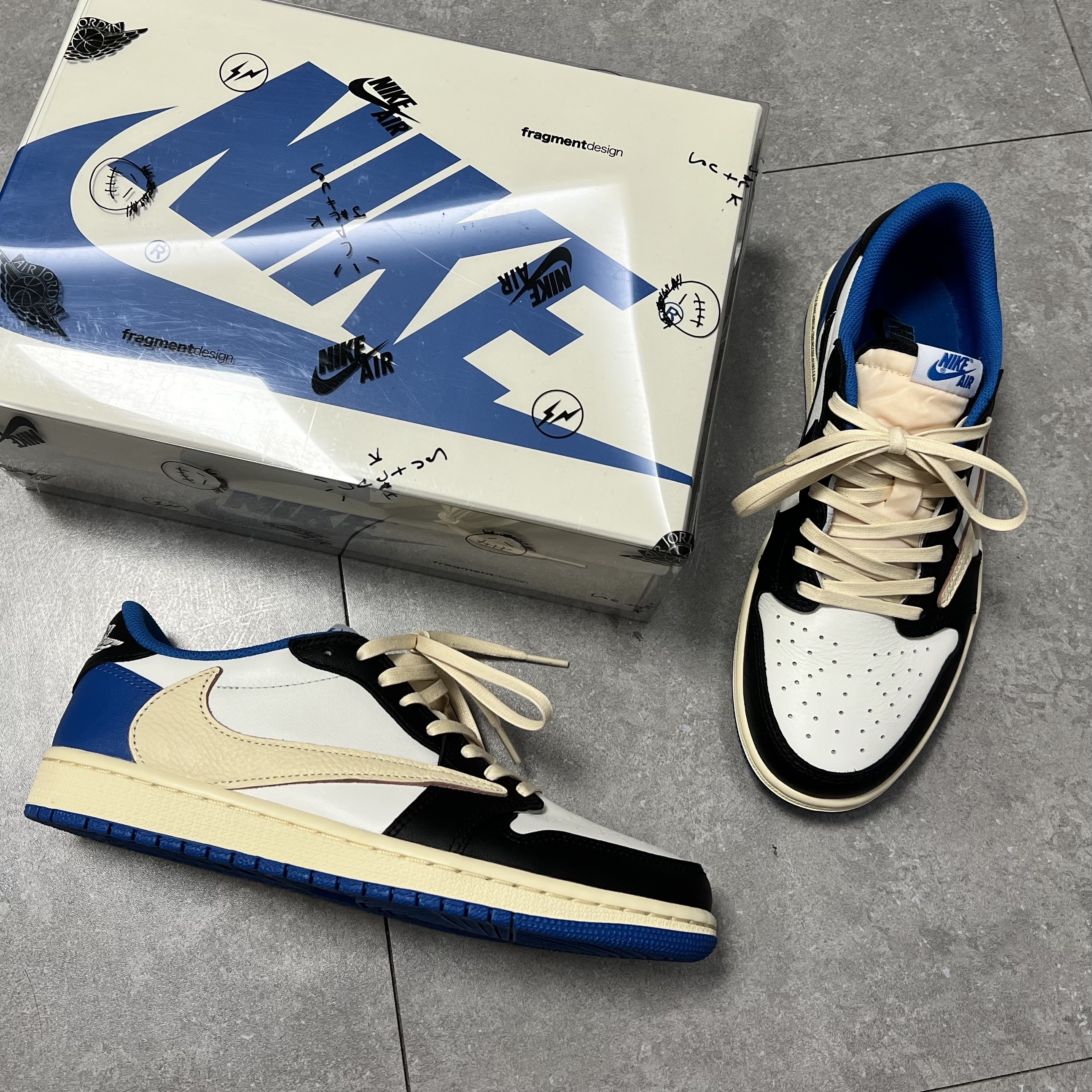Jordan 1 x Travis Scott x Fragment Retro Low OG SP Military Blue 착용 스타일