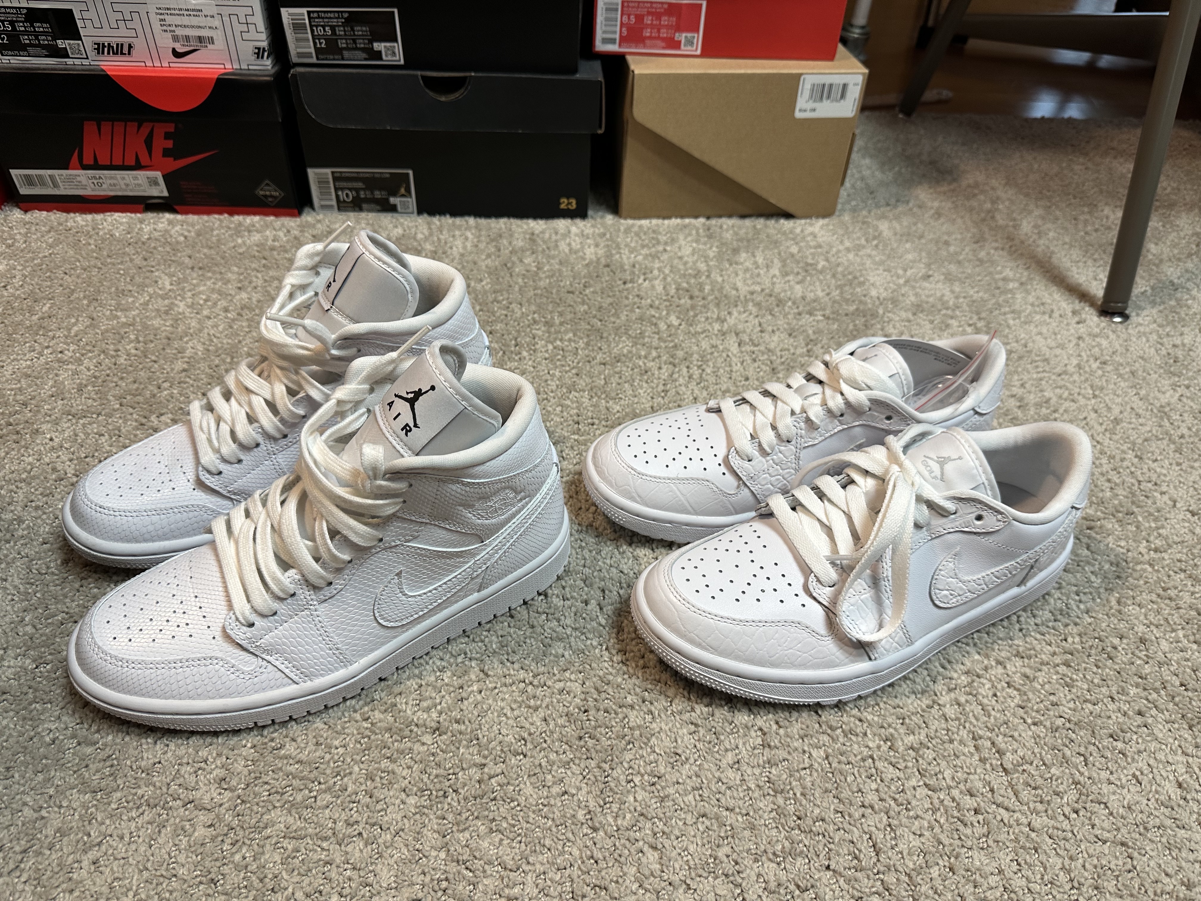 Jordan 1 Low Golf Pure Platinum, (W) Jordan 1 Mid White Snakeskin 착용 스타일 - 1