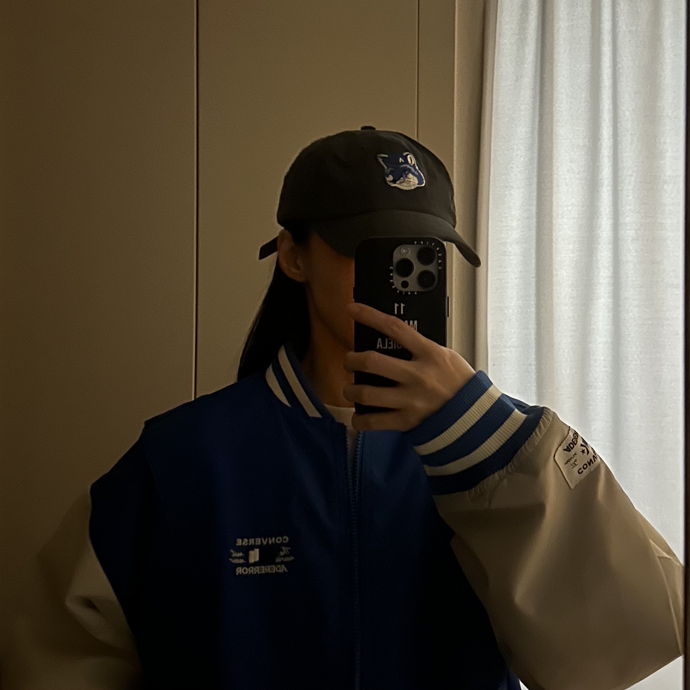 Converse x Ader Error Shapes Varsity Jacket Cobalt, Maison Kitsune x Ader Error Tetris Fox Cap Black 착용 스타일