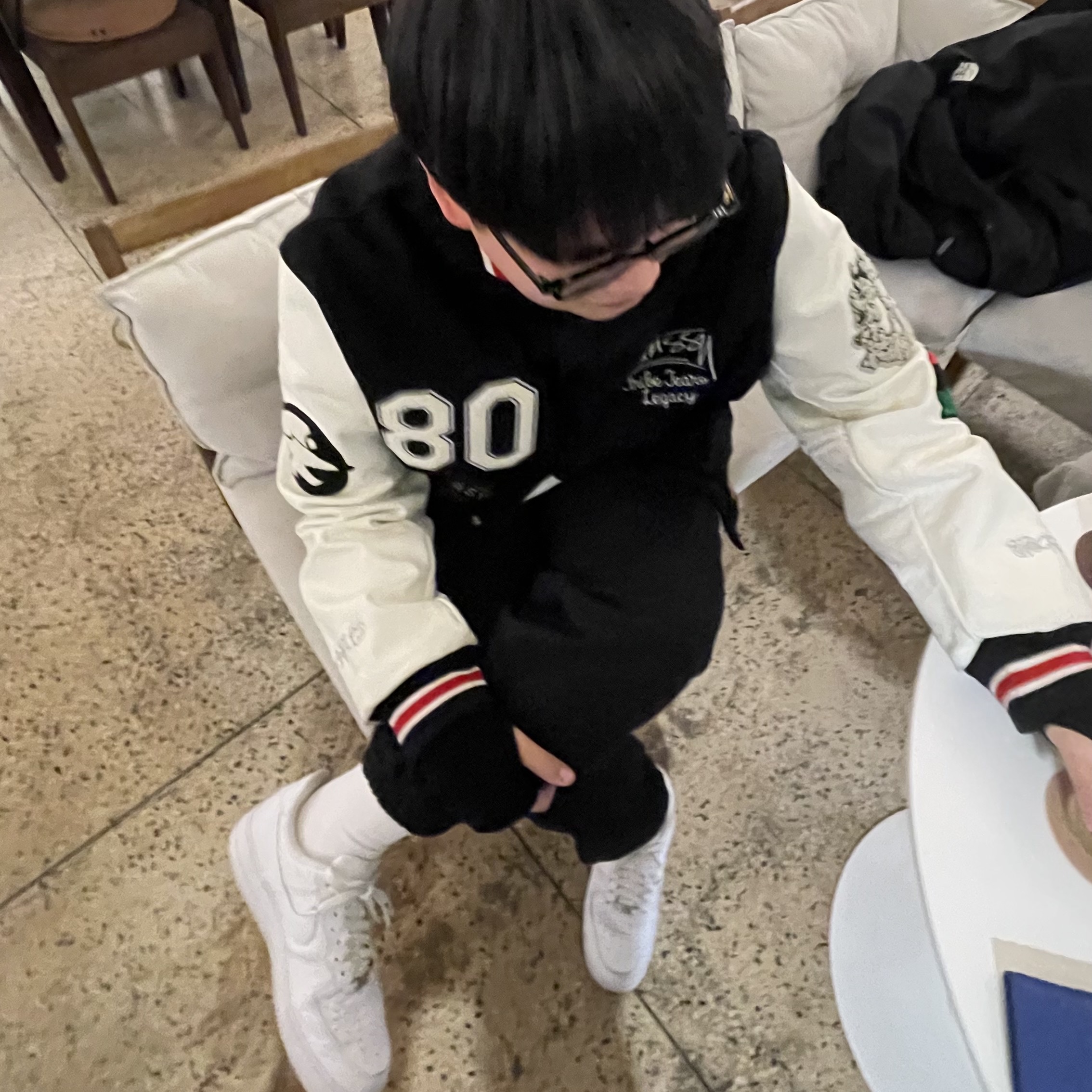 Stussy x Our Legacy x Denim Tears TTL Varsity Jacket Black, Nike Air Force 1 '07 Low White 착용 스타일