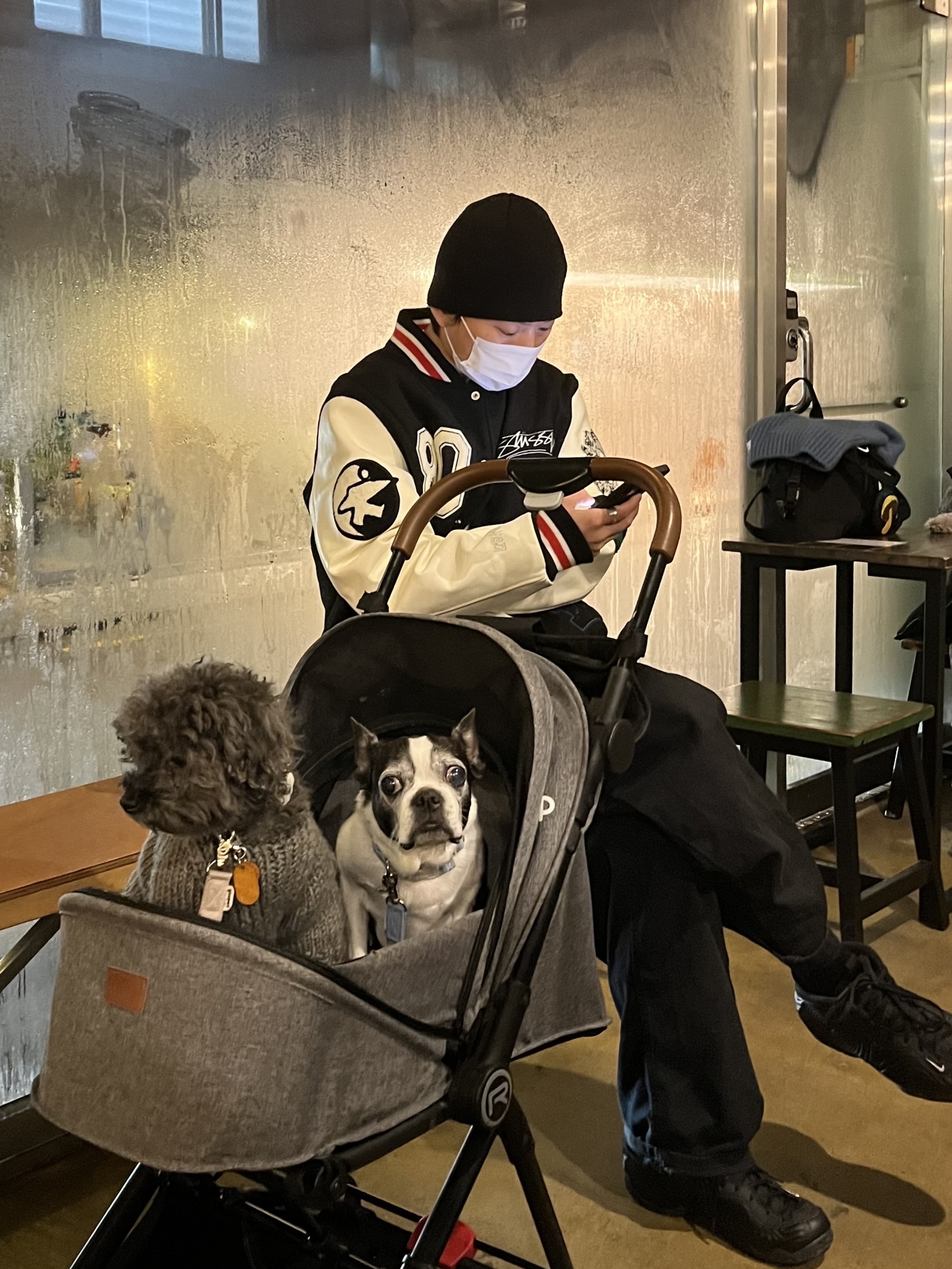 Stussy x Our Legacy x Denim Tears TTL Varsity Jacket Black, Nike x Comme des Garcons Homme Plus Air Foamposite One Black 착용 스타일 - 1