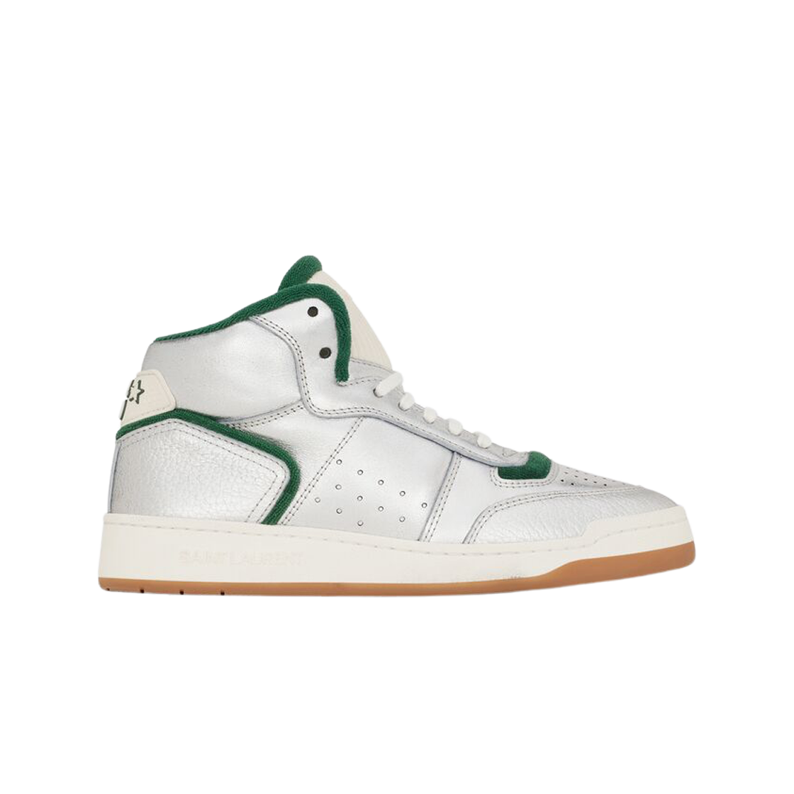 (W) 생로랑 스무스 메탈릭 레더 Sl/80 미드탑 스니커즈 아젠트 에 다크 에메랄드 그린((W) Saint Laurent Sl/80 Mid-Top Sneakers in Metallic and Smooth Leather Argent Et Dark Emerald Green) - 1