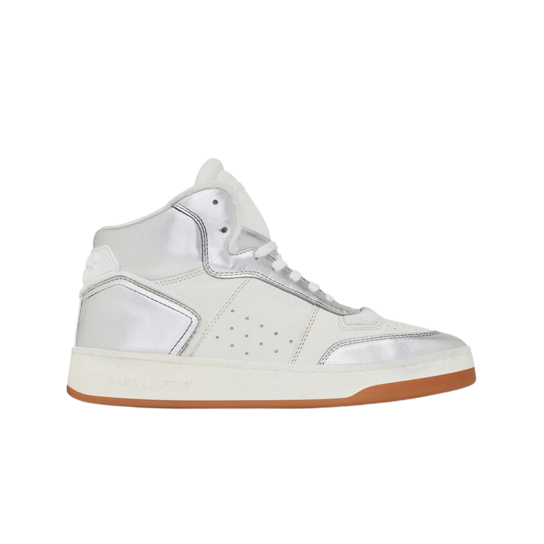 (W) 생로랑 그레인드 스무스 레더 Sl/80 미드탑 스니커즈 아젠트 에 블랑 옵티크((W) Saint Laurent Sl/80 Mid-Top Sneakers in Smooth and Grained Leather Argent Et Blanc Optique) - 1