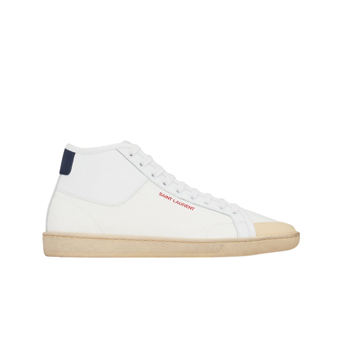 (W) 생로랑 캔버스 레더 코트 클래식 Sl/39 미드탑 스니커즈 오프화이트 네이비((W) Saint Laurent Court Classic Sl/39 Mid-Top Sneakers in Canvas and Leather Off White and Navy) - 1