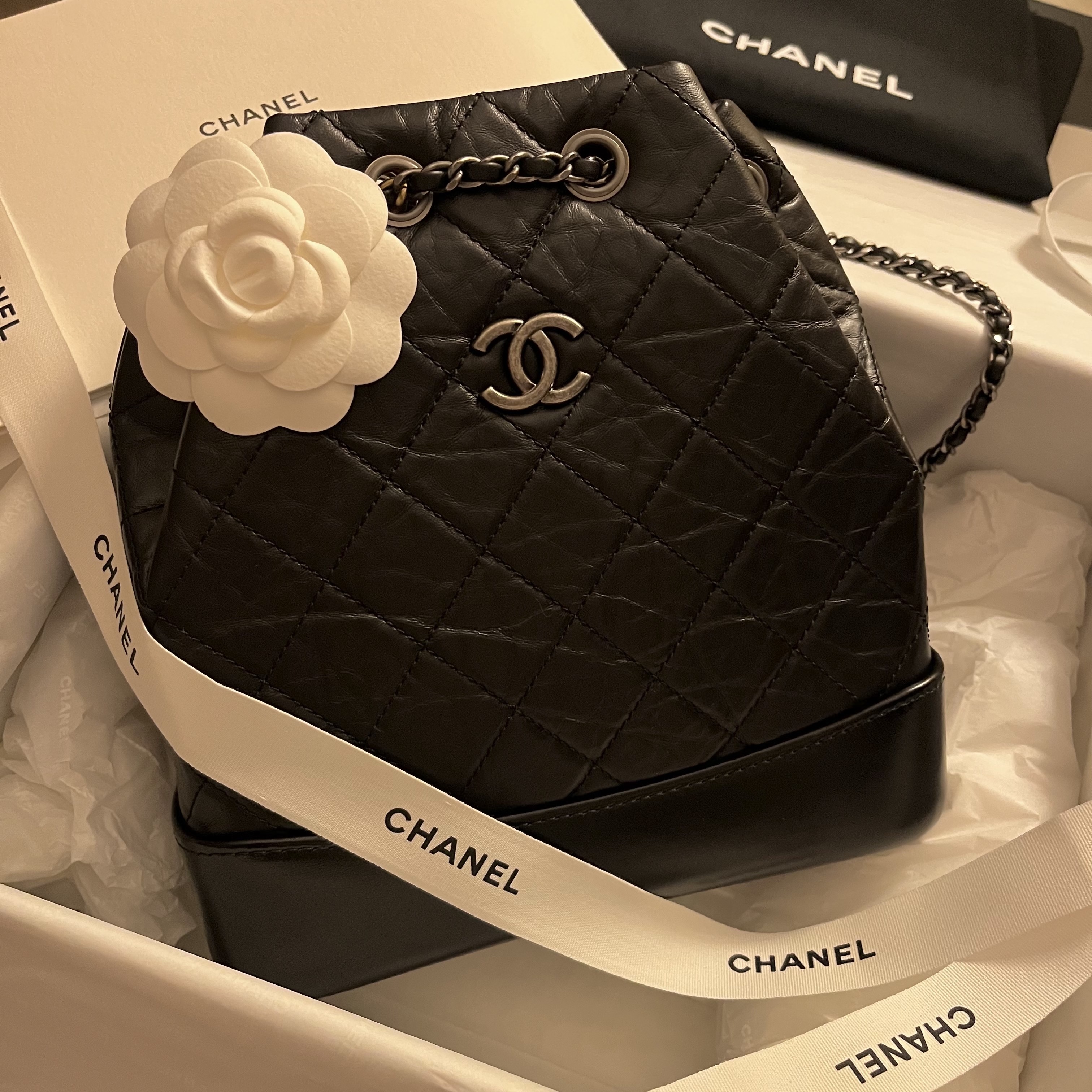 Chanel Small Gabrielle Backpack Aged Calfskin & Gold Silver Black 착용 스타일 - 1