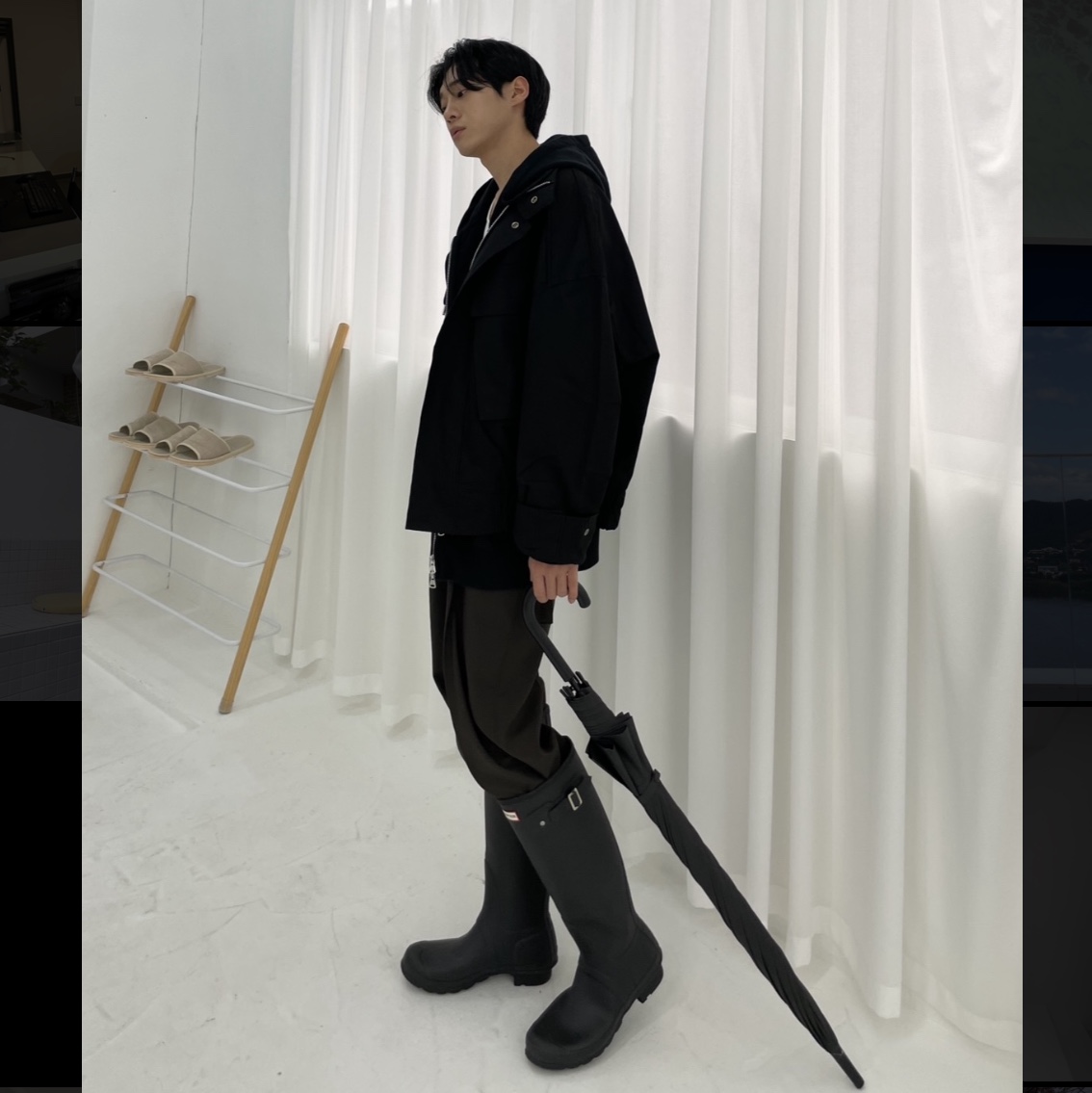 (W) Hunter Original Tall Rain Boots Black 착용 스타일