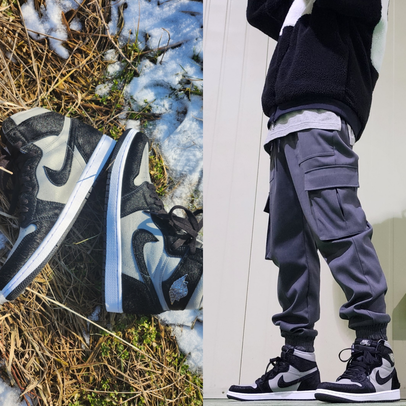 (W) Jordan 1 Retro High OG Medium Grey, Nike Big Swoosh Full Zip Jacket Black Sail 착용 스타일