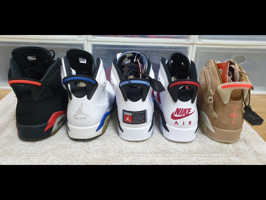 Jordan 6 Retro Carmine 2021, Jordan 6 x Travis Scott Retro SP British Khaki 착용 스타일 - 1
