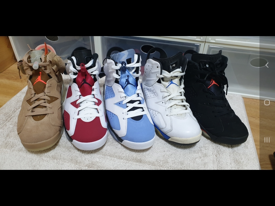 Jordan 6 Retro Carmine 2021, Jordan 6 x Travis Scott Retro SP British Khaki 착용 스타일 - 2