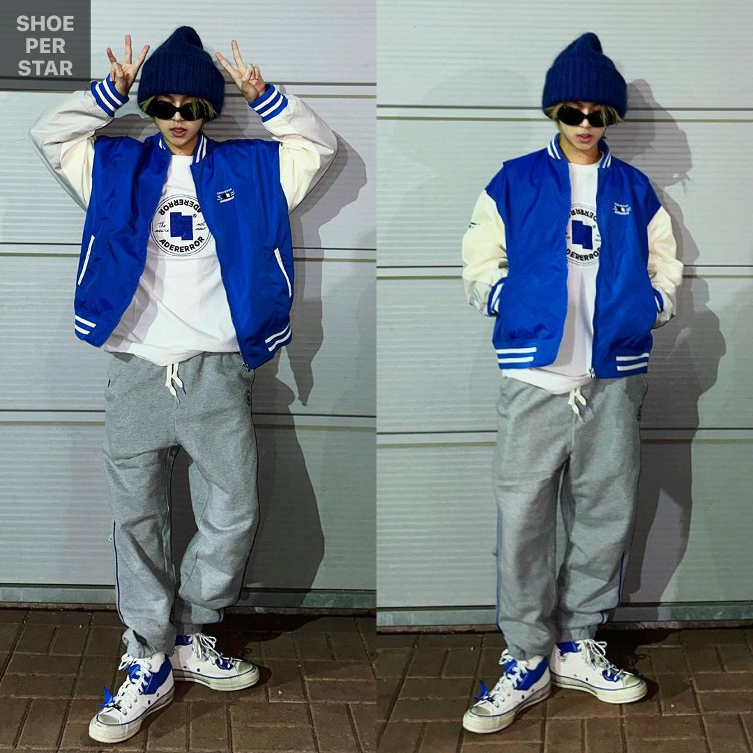Converse x Ader Error Chuck 70 High White, Converse x Ader Error Shapes Varsity Jacket Cobalt 착용 스타일 - 1
