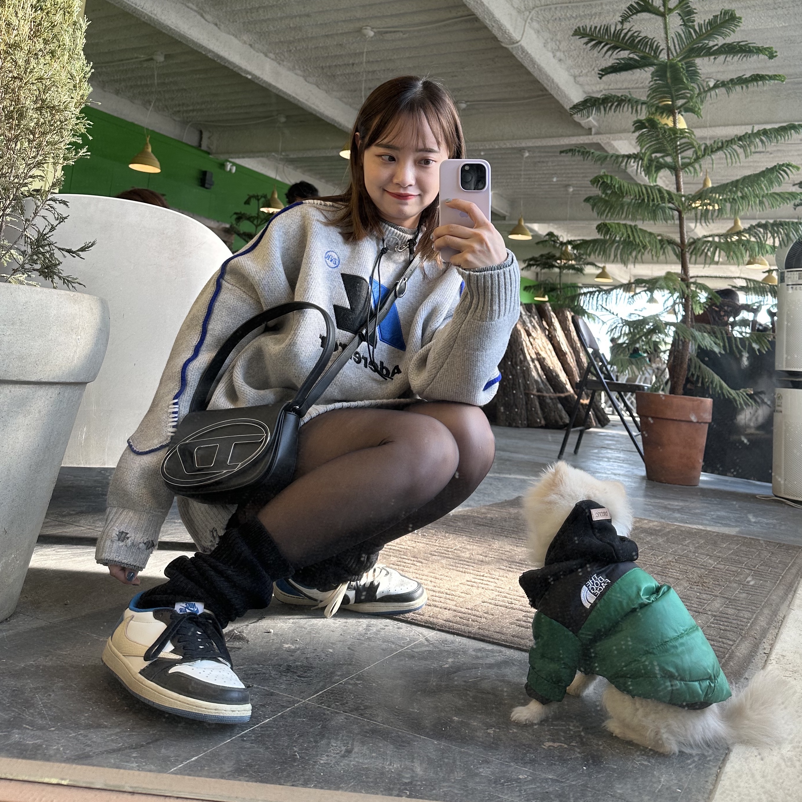 Zara x Ader Error Oversize Sweater Grey, Jordan 1 x Travis Scott x Fragment Retro Low OG SP Military Blue 착용 스타일 - 2