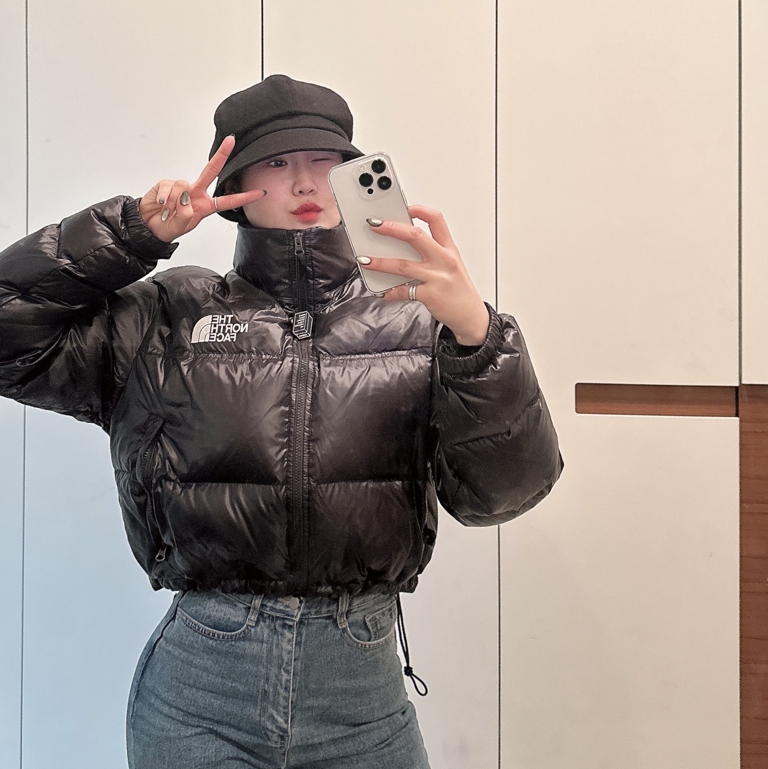 (W) The North Face Nuptse Short Jacket TNF Black 착용 스타일