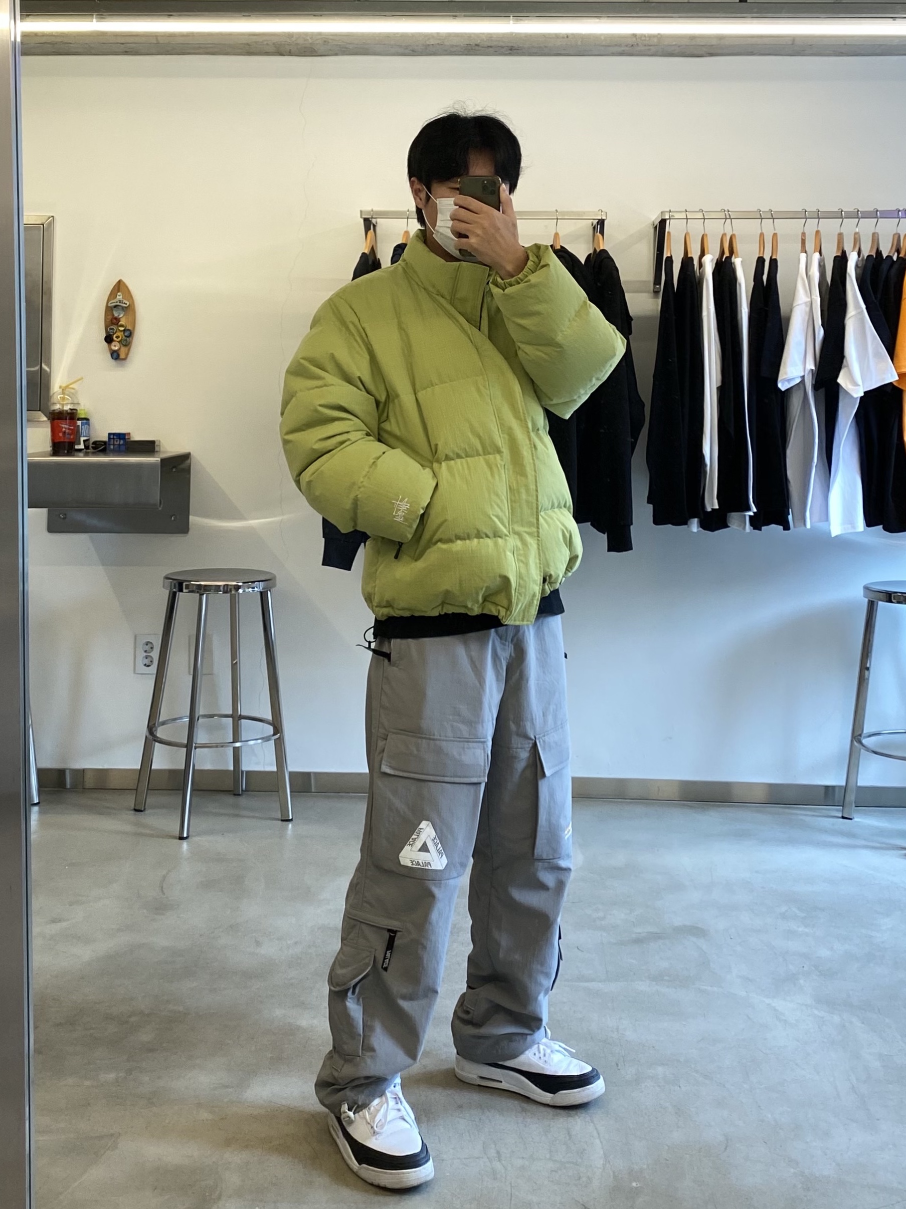 Stussy Ripstop Down Puffer Jacket Lime, Palace Cordura RS Shell Cargos Grey - 22FW 착용 스타일