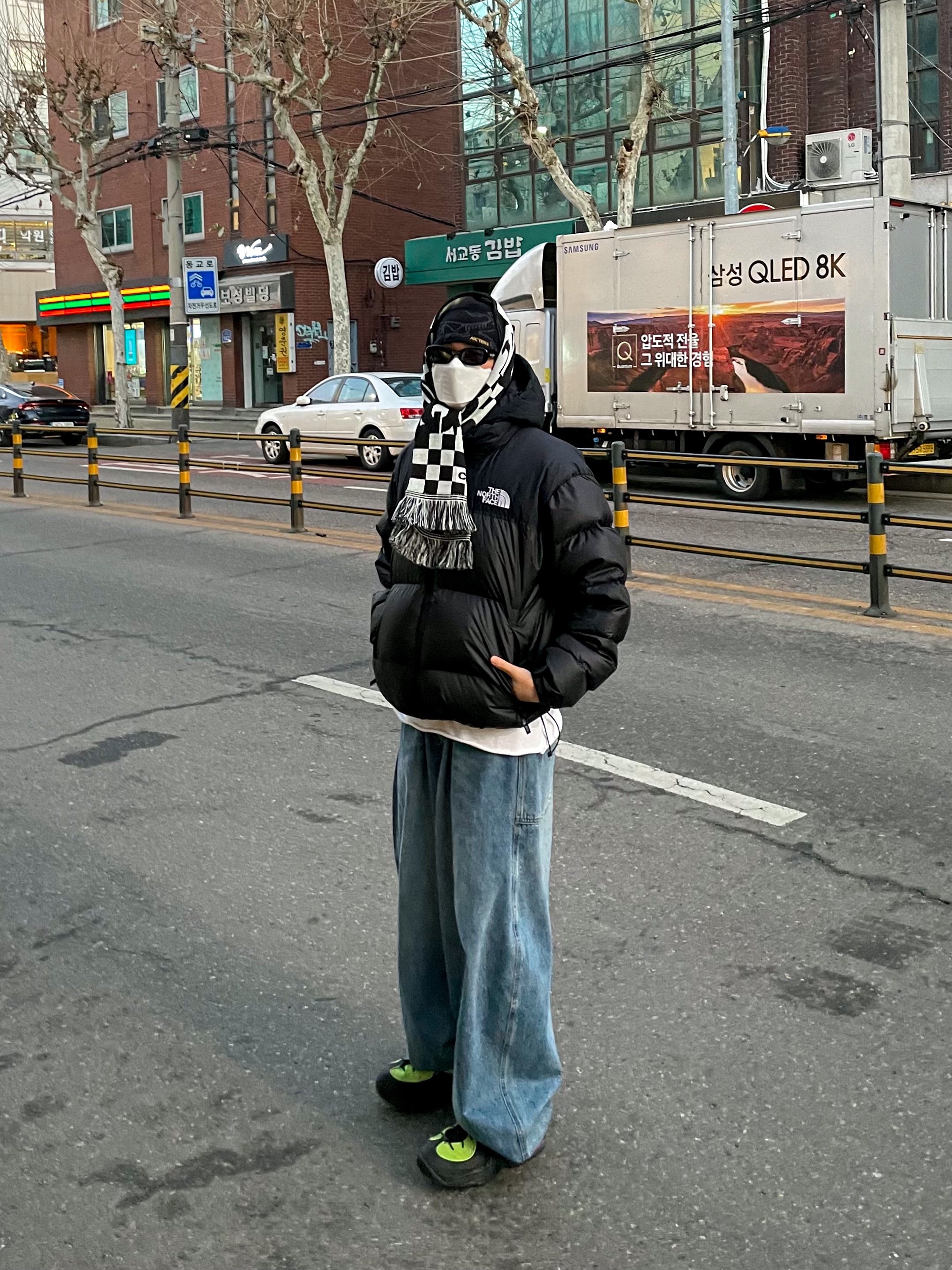 Nike x Stussy Air Penny II Vivid Green and Black, The North Face 1996 Eco Nuptse Jacket Black 착용 스타일 - 1