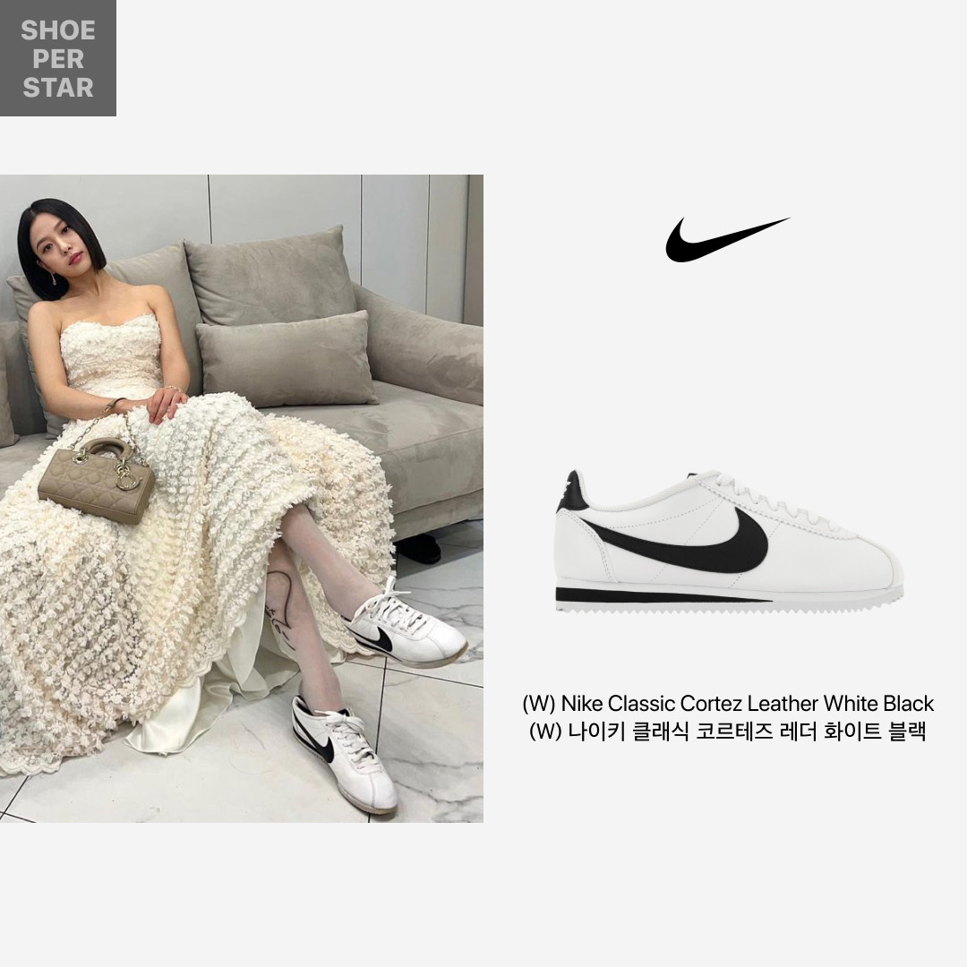 (W) Nike Classic Cortez Leather White Black 착용 스타일 - 1