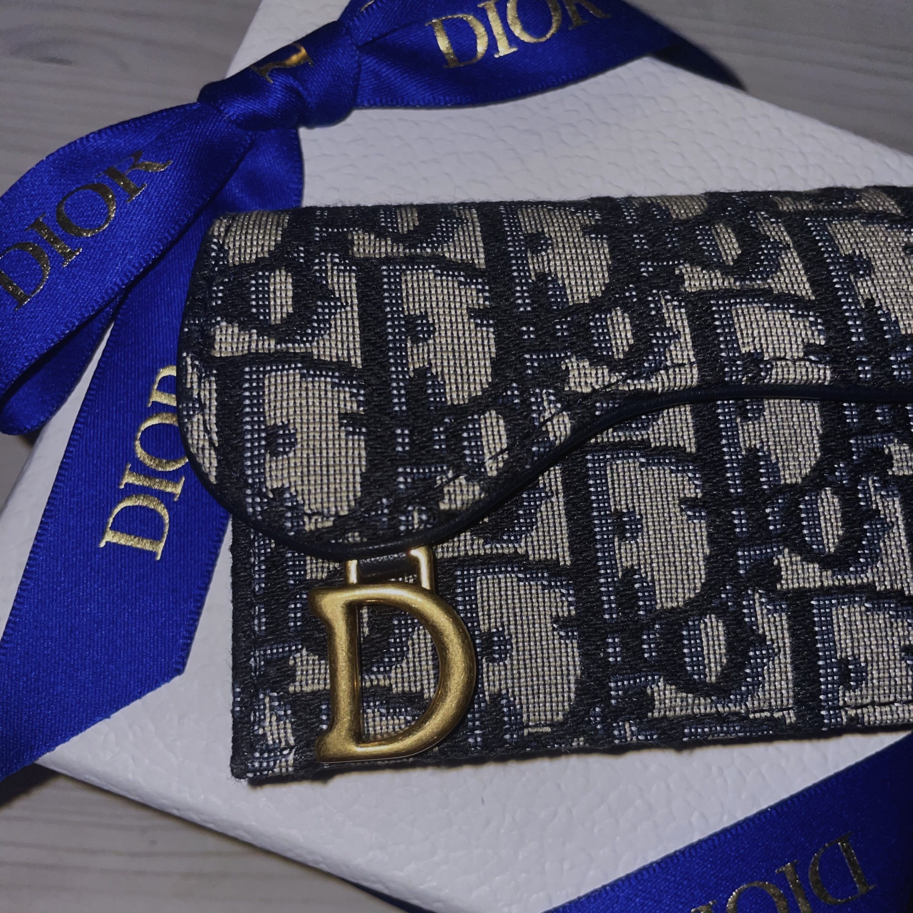 Dior Saddle Flap Card Holder Blue Dior Oblique Jacquard 착용 스타일