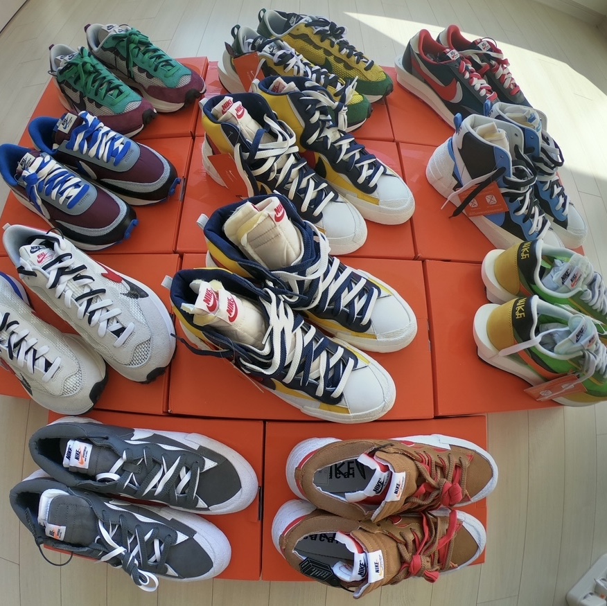 Nike x Sacai VaporWaffle Royal Fuchsia, Nike x Sacai VaporWaffle Tour Yellow & Gorge Green Sail 착용 스타일