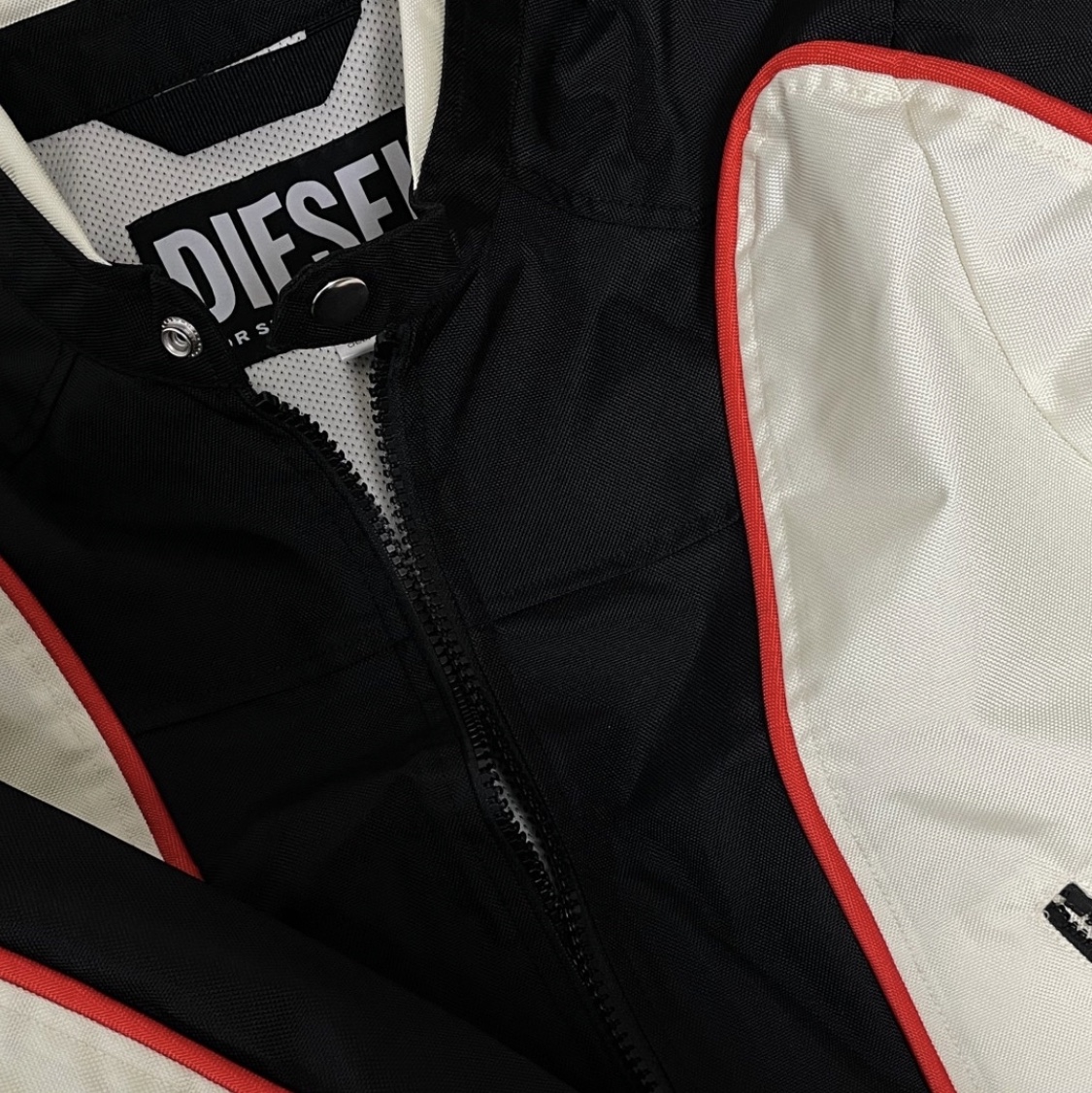 Diesel J-Blink Biker Jacket in Colour-Block Nylon Black White 착용 스타일 - 1