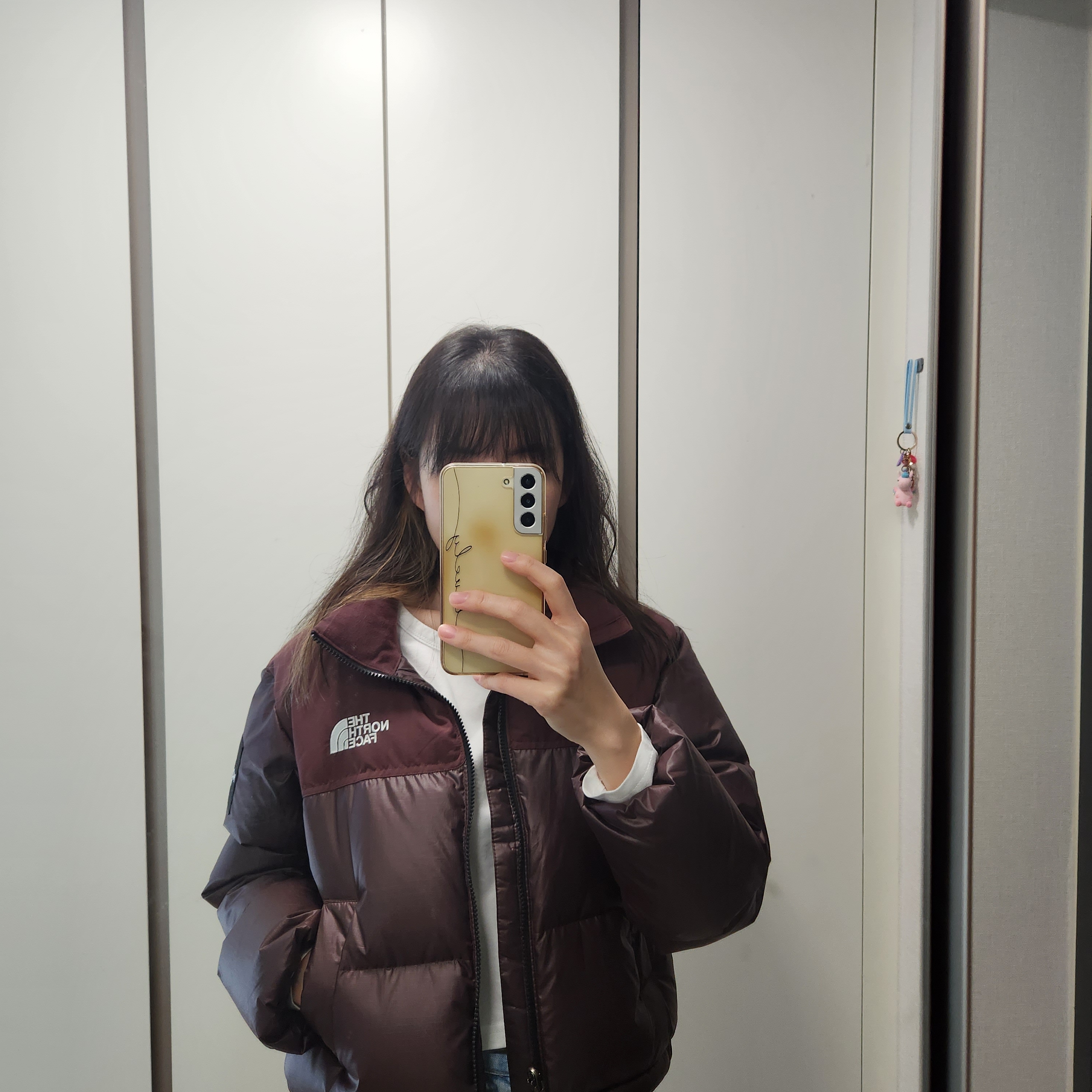(W) The North Face White Label Novelty Nuptse Down Jacket Cocoa Brown 착용 스타일 - 1
