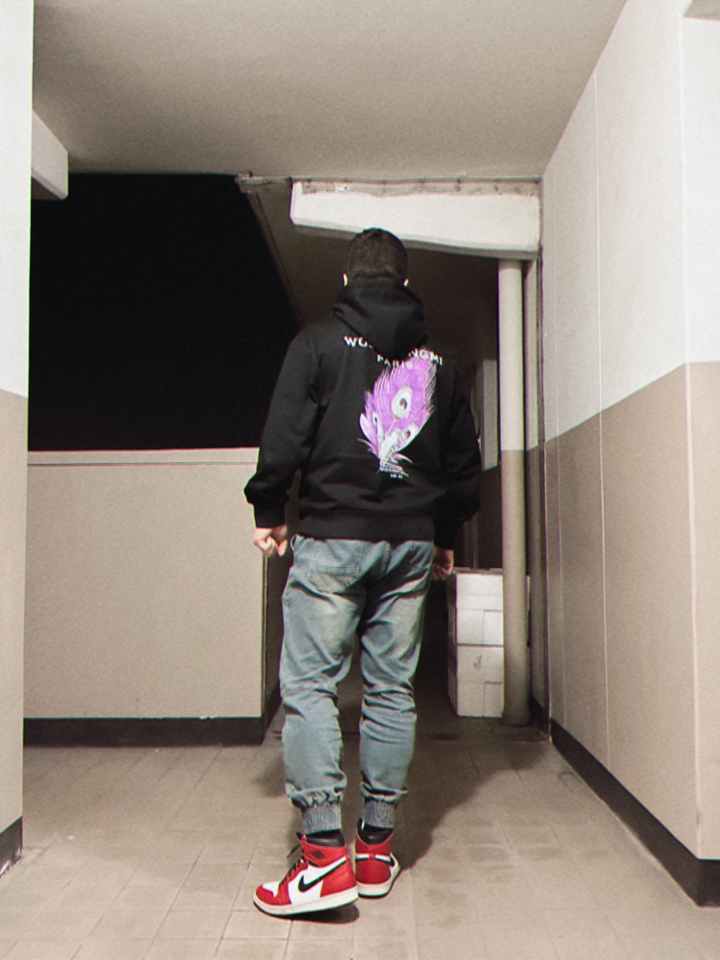 Jordan 1 Retro Chicago 1994, Wooyoungmi Feather Back Logo Hooded Sweatshirt Black - 23SS 착용 스타일