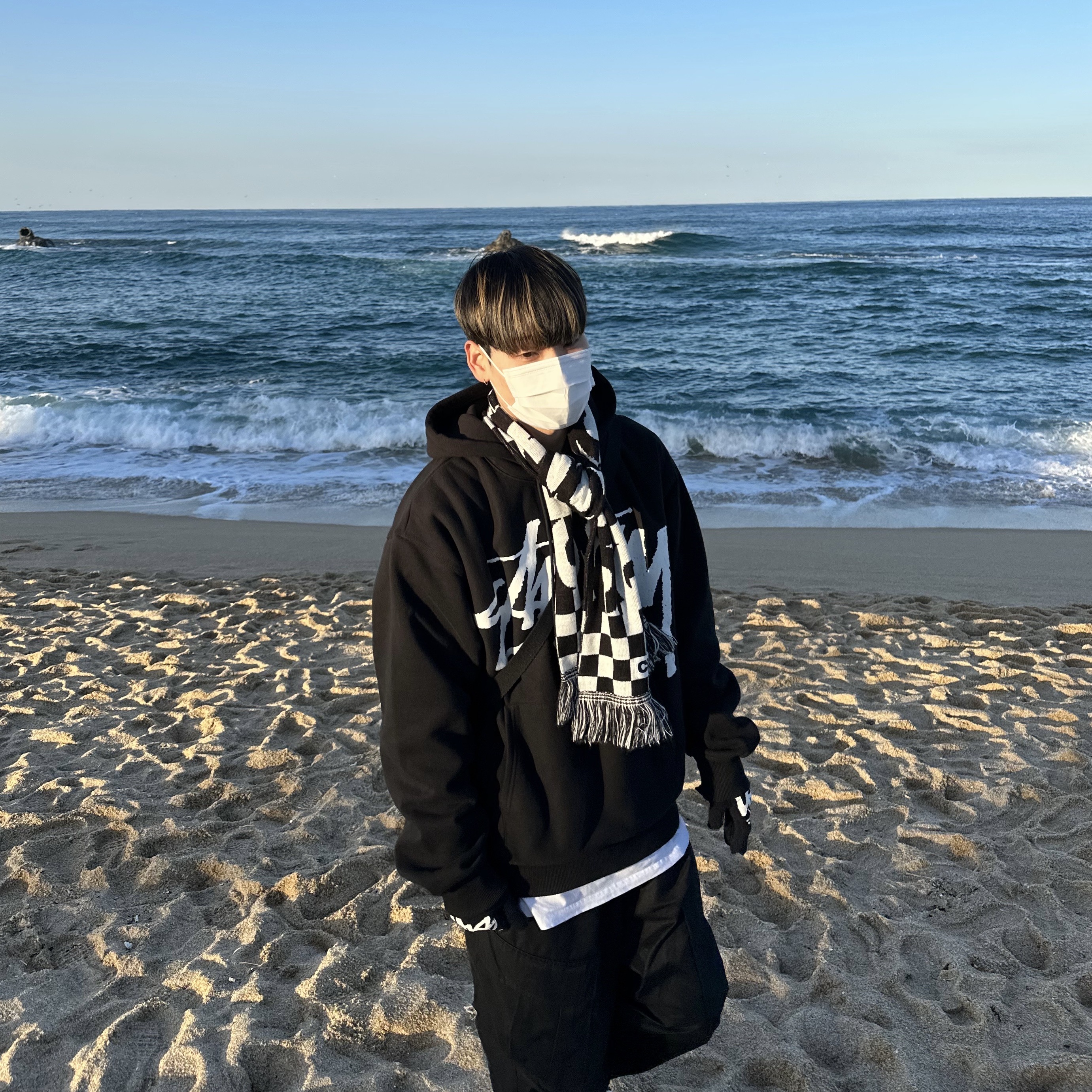 Stussy Big Stock Hoodie Black, CDG Logo Check Muffler White Black 착용 스타일