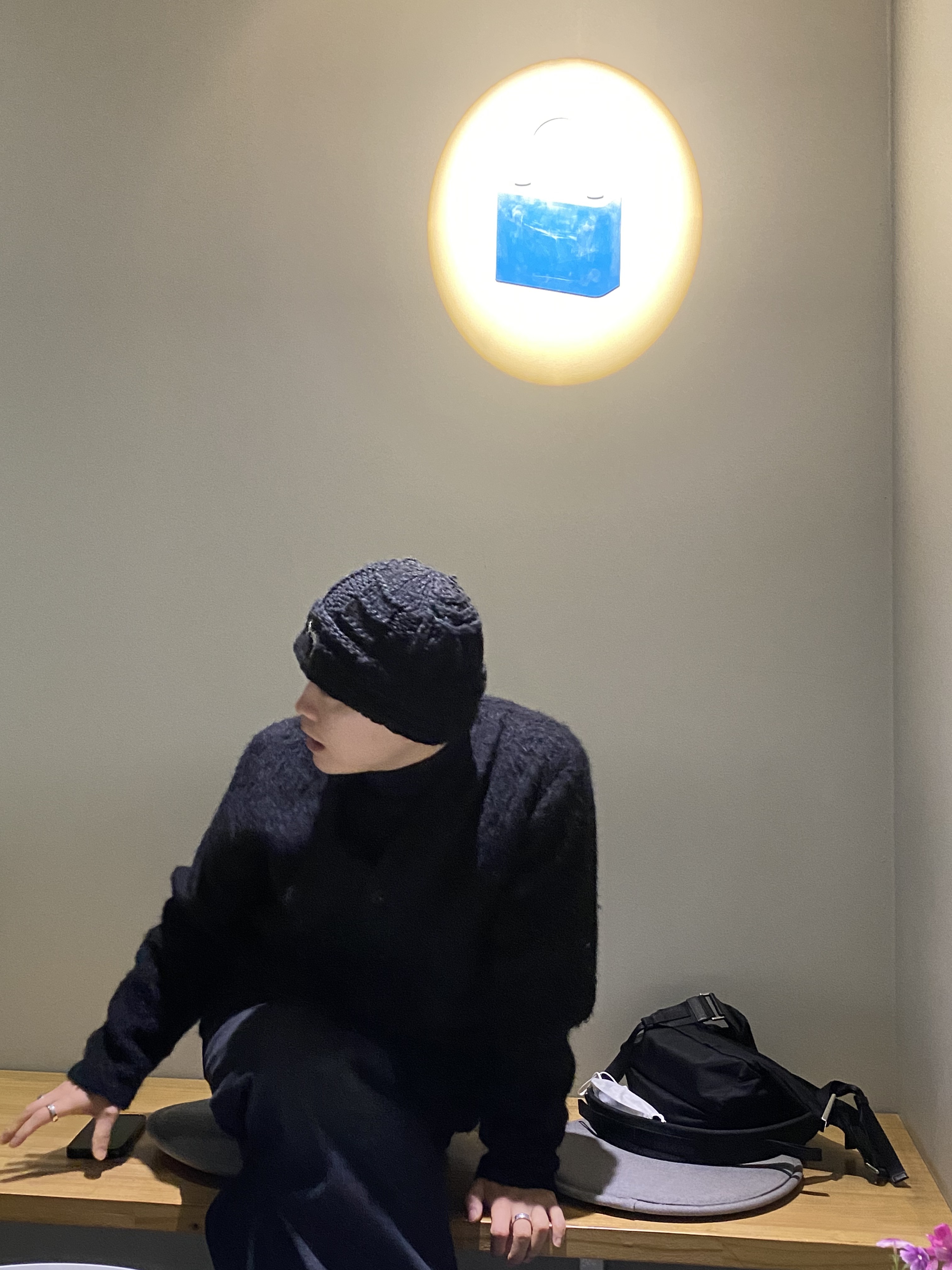 Stussy Knit Patchwork Beanie Black, Our Legacy Cardigan Mohair Black 착용 스타일 - 2