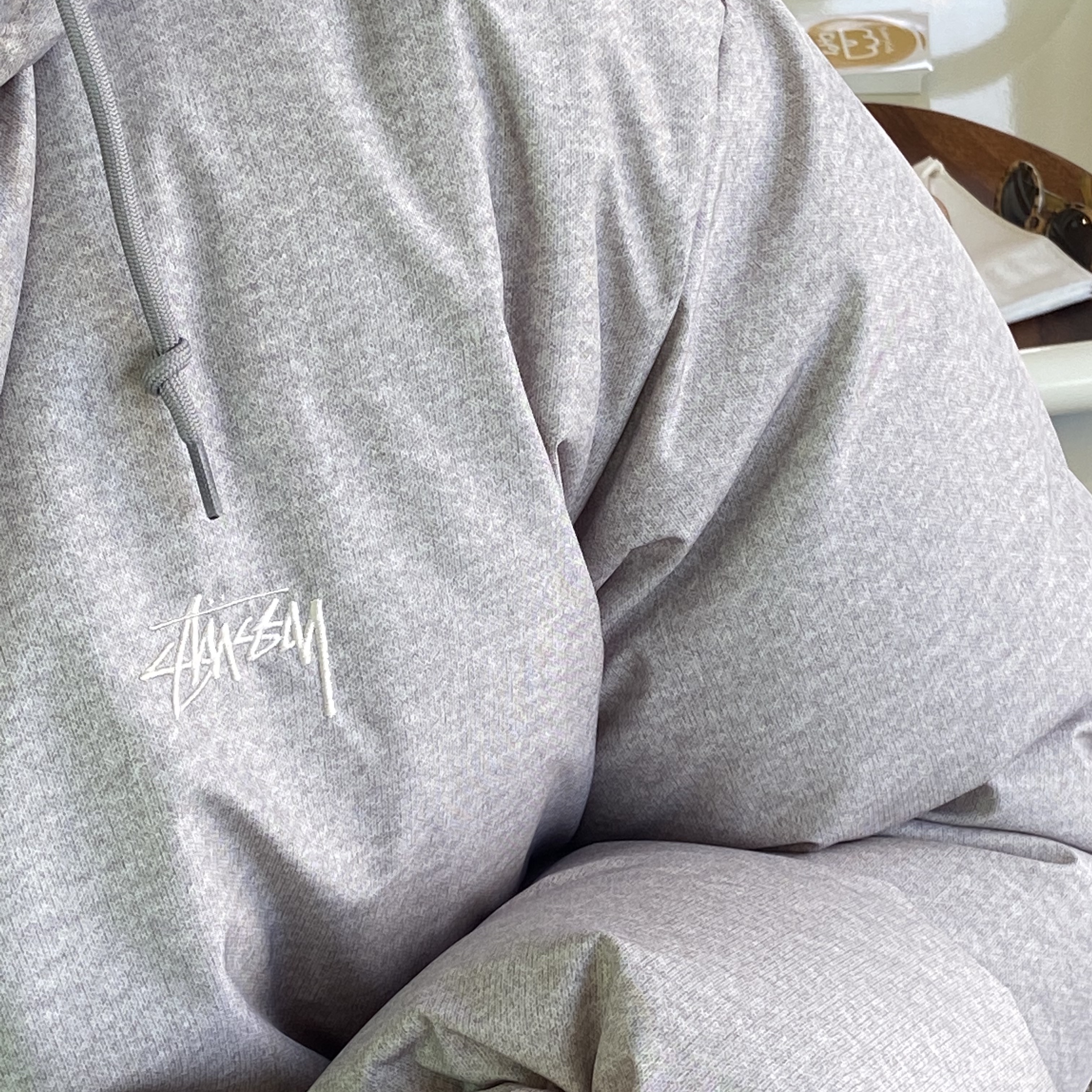 Stussy Gore-Tex Infinium Down Hoodie Grey Heather 착용 스타일