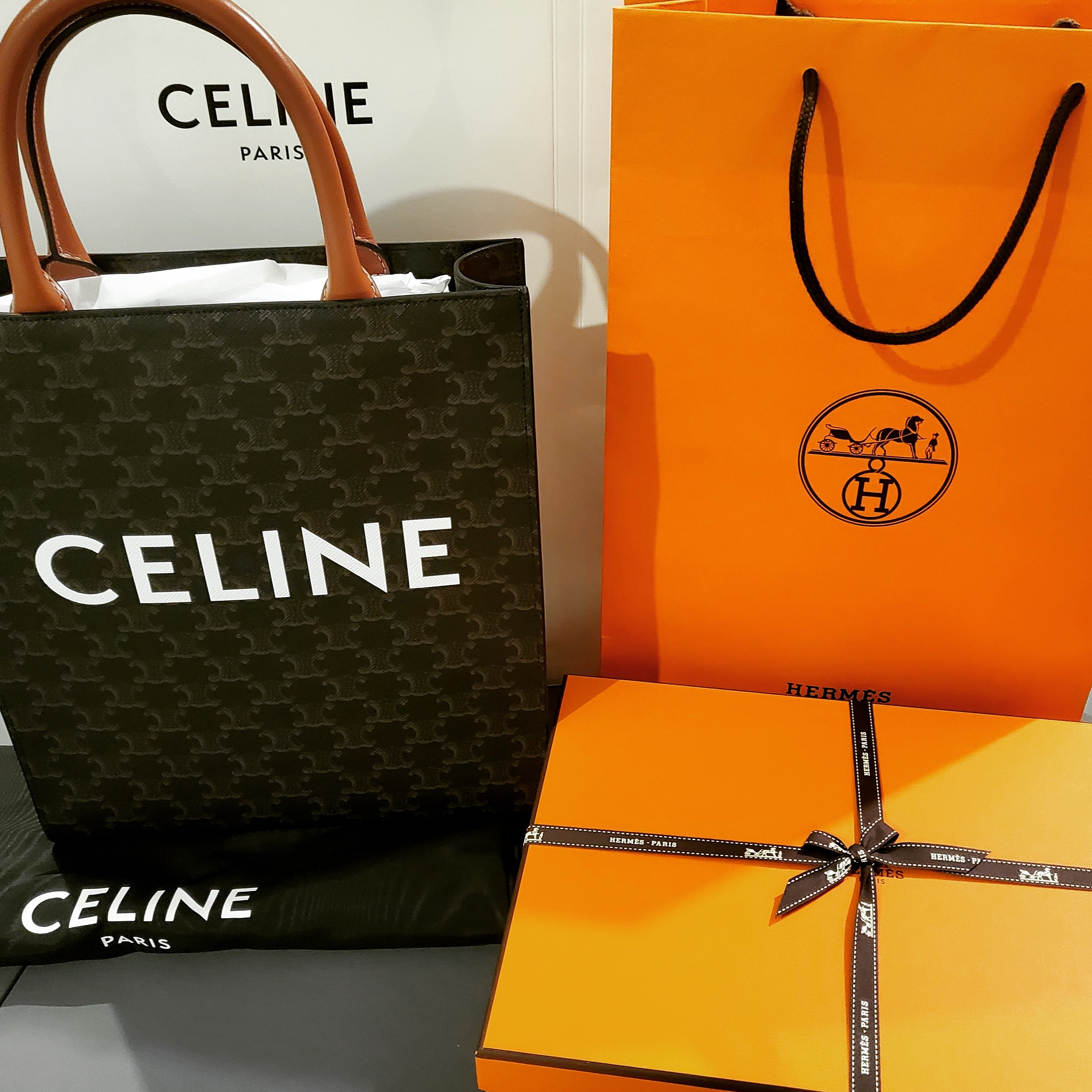 Celine Small Cabas Vertical in Triomphe Canvas Calfskin Tan, Hermes Izmir Sandal Calfskin & Noir 착용 스타일