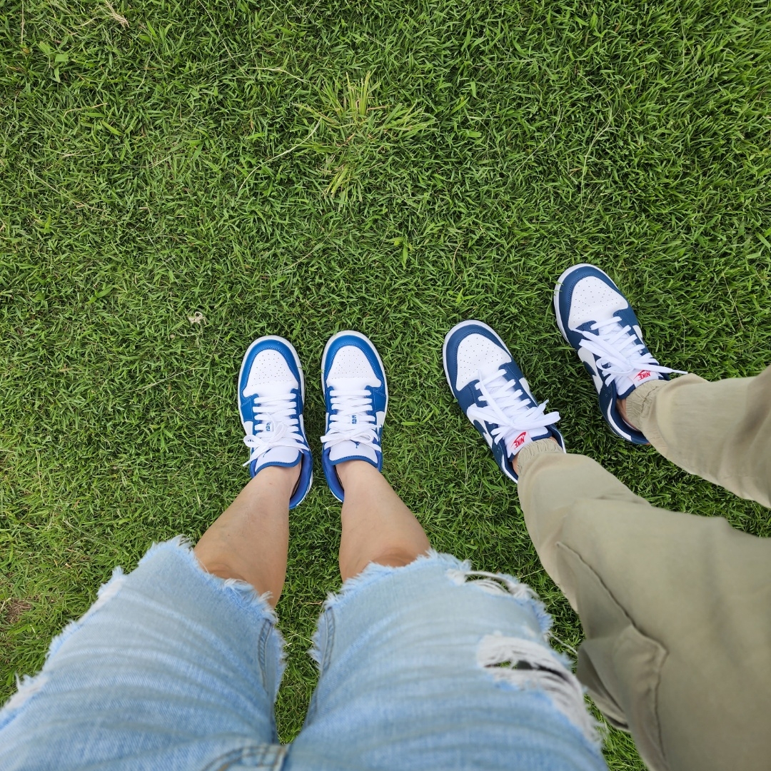 Nike Dunk Low Retro Valerian Blue, (W) Jordan 1 Low White Dark Marina Blue 착용 스타일 - 1