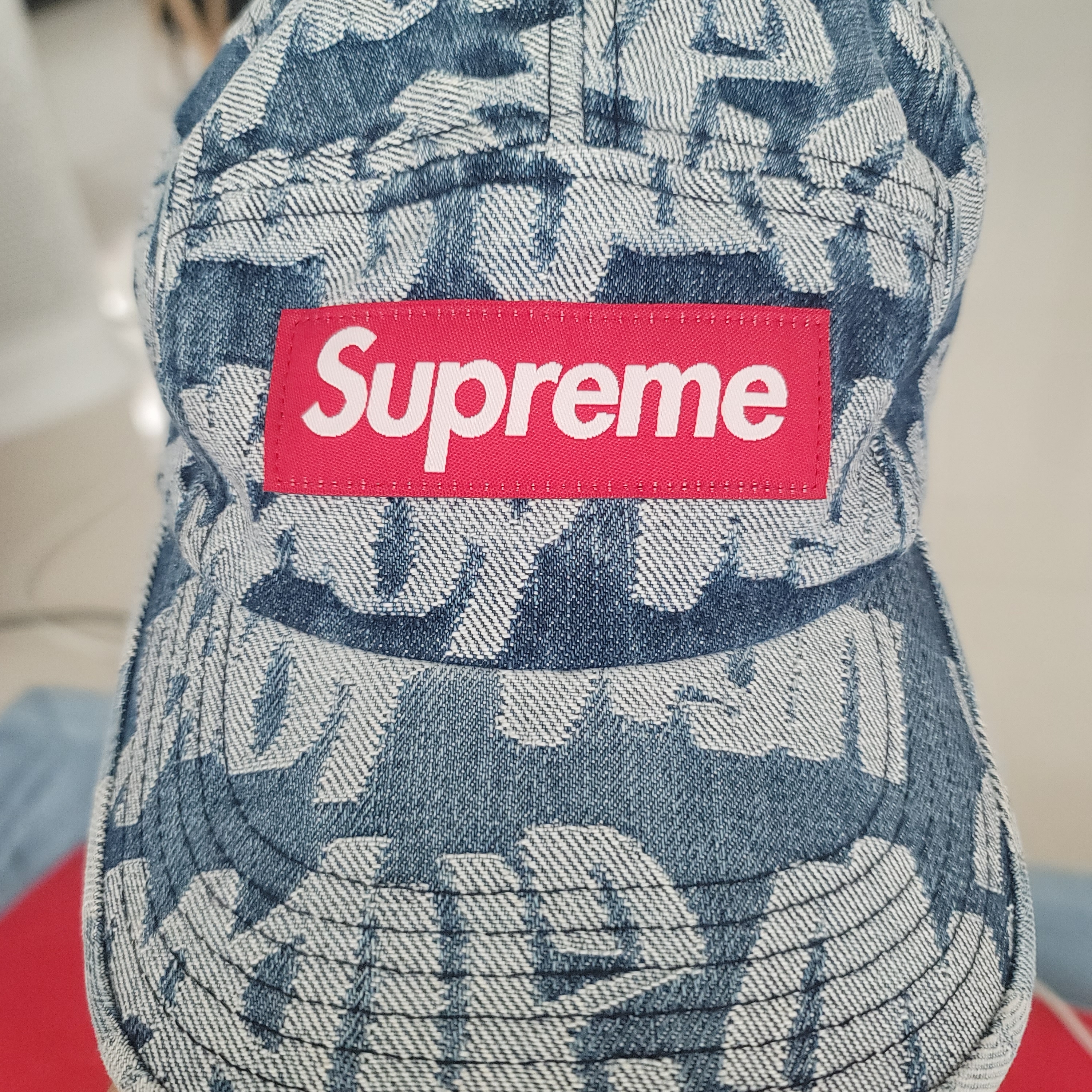 Supreme Fat Tip Jacquard Denim Camp Cap Blue - 22SS 착용 스타일