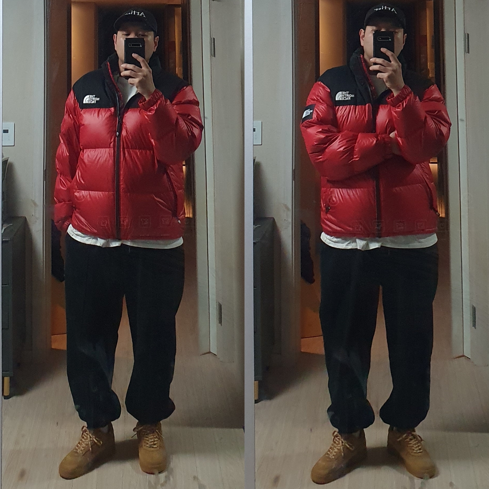 Nike x Supreme Air Force 1 Low Flax, The North Face White Label Novelty Nuptse Down Jacket Red 착용 스타일 - 1