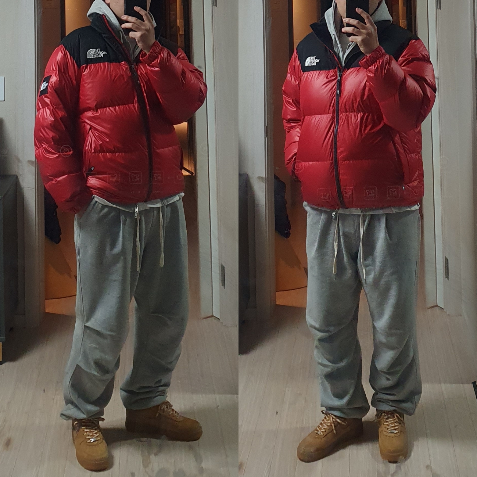 Nike x Supreme Air Force 1 Low Flax, The North Face White Label Novelty Nuptse Down Jacket Red 착용 스타일 - 4