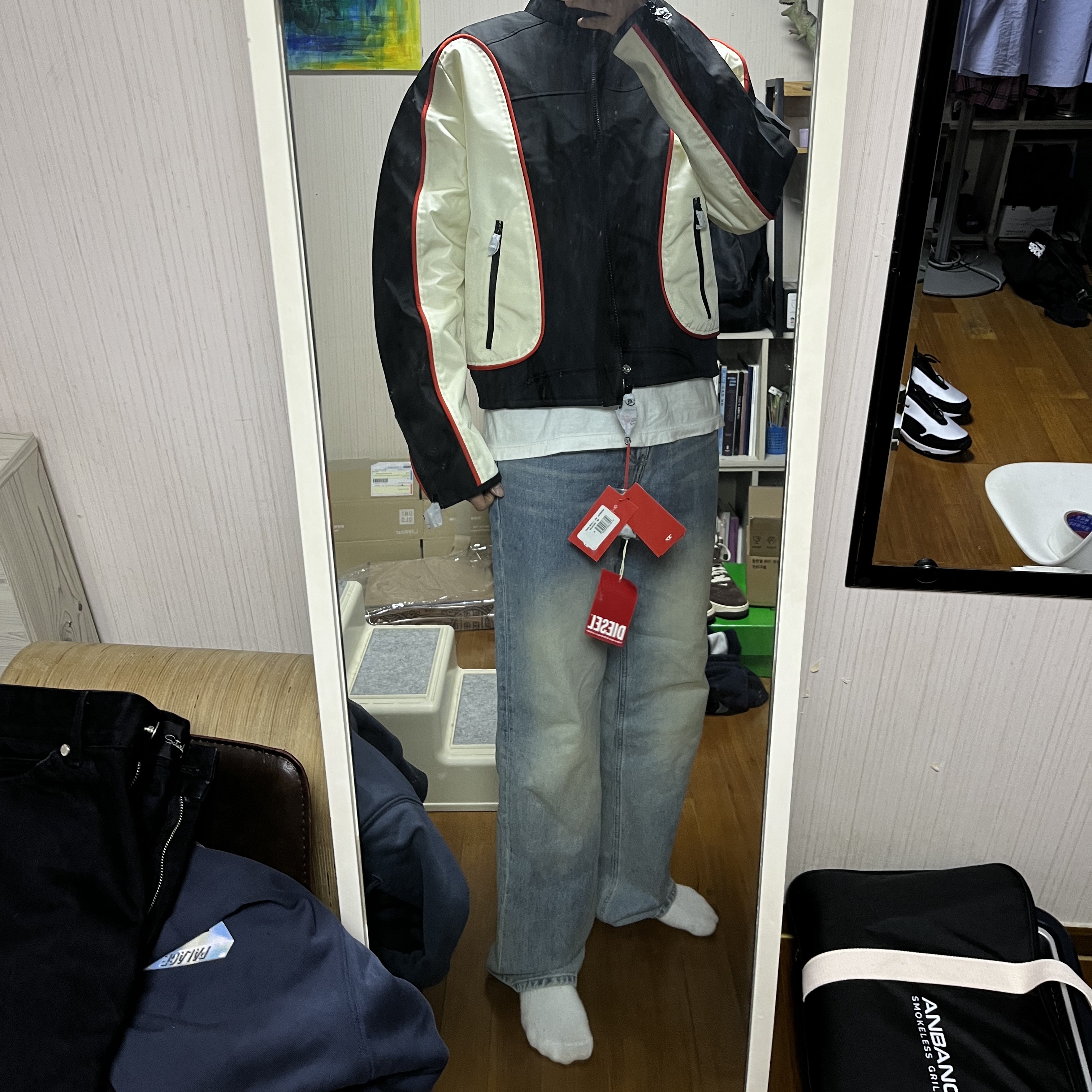 Diesel J-Blink Biker Jacket in Colour-Block Nylon Black White 착용 스타일
