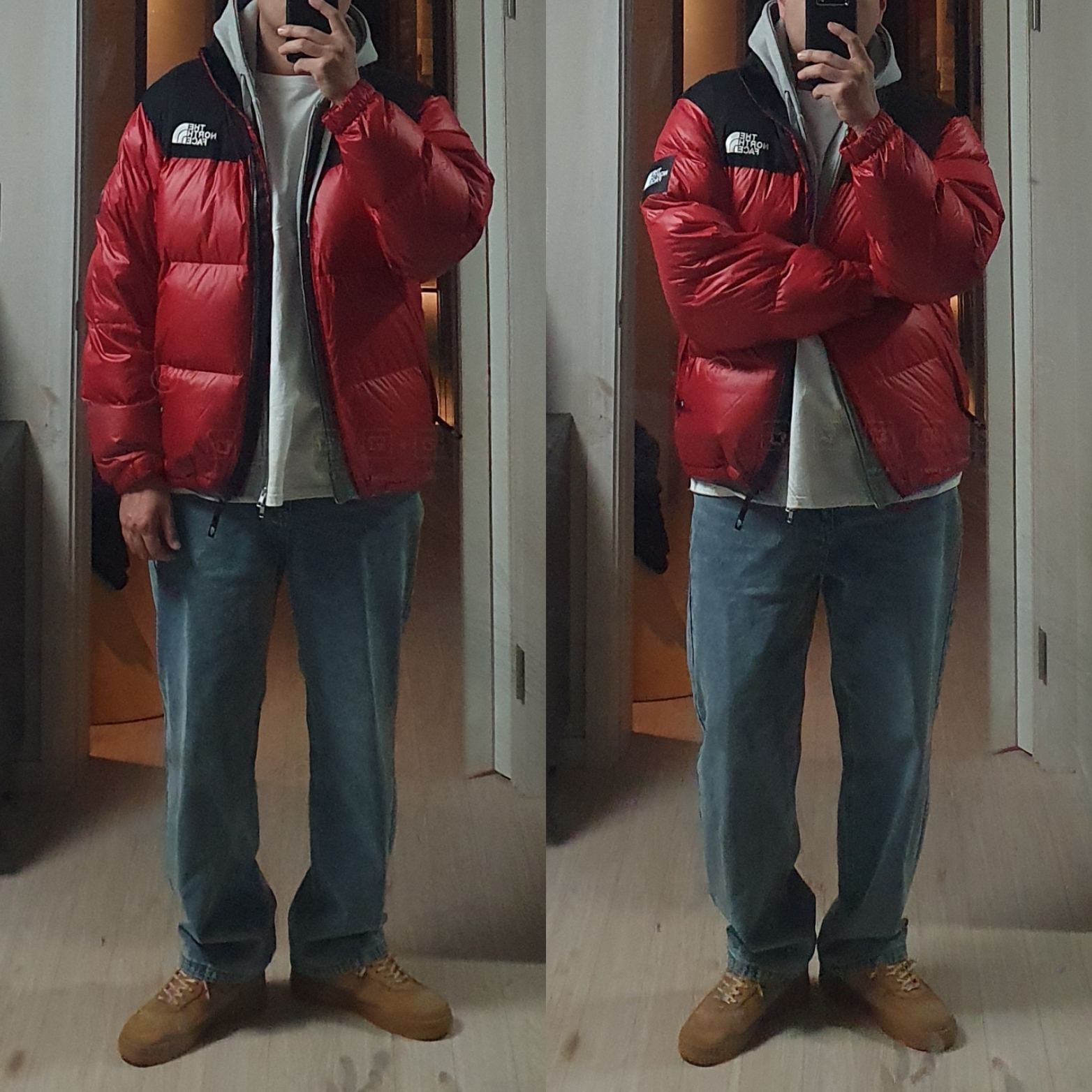 Nike x Supreme Air Force 1 Low Flax, The North Face White Label Novelty Nuptse Down Jacket Red 착용 스타일 - 2