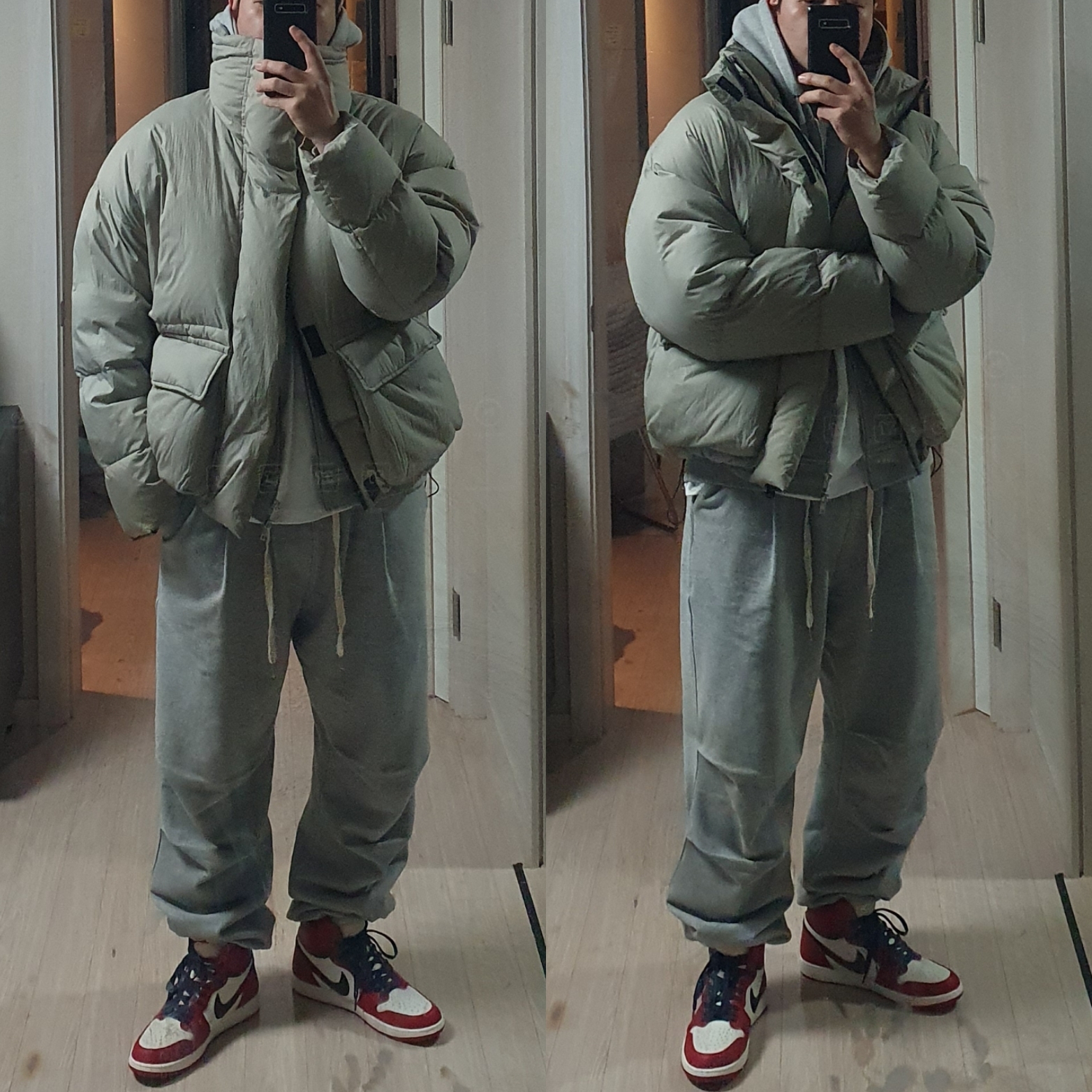 Jordan 1 Retro High OG Chicago 2022, The North Face White Label Novelty Nuptse Down Jacket Red 착용 스타일 - 3