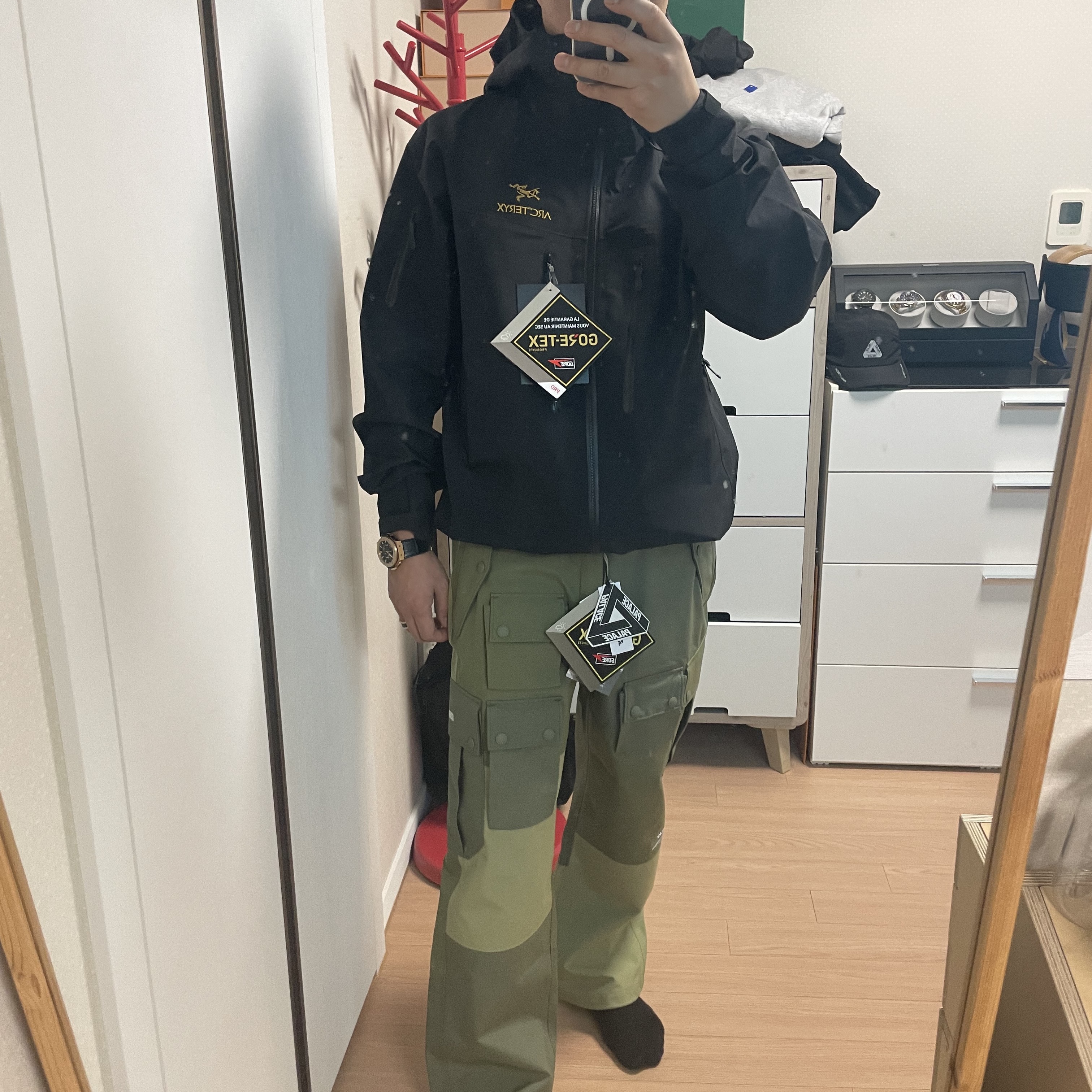 Palace x Engineered Garments Gore-Tex FA Pants Olive - 22FW, Arc'teryx Alpha SV Jacket 24K Black 착용 스타일 - 1