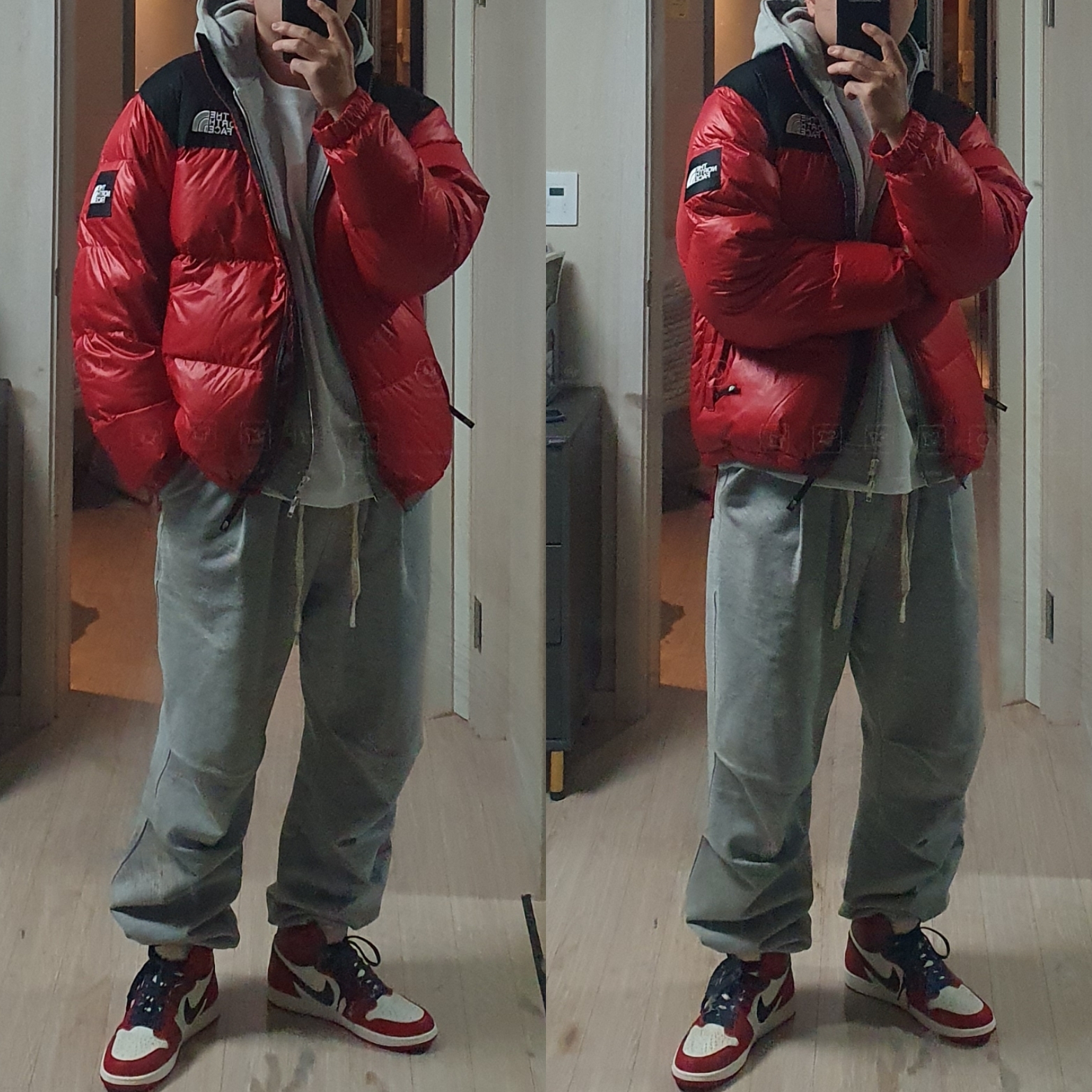 Jordan 1 Retro High OG Chicago 2022, The North Face White Label Novelty Nuptse Down Jacket Red 착용 스타일 - 4