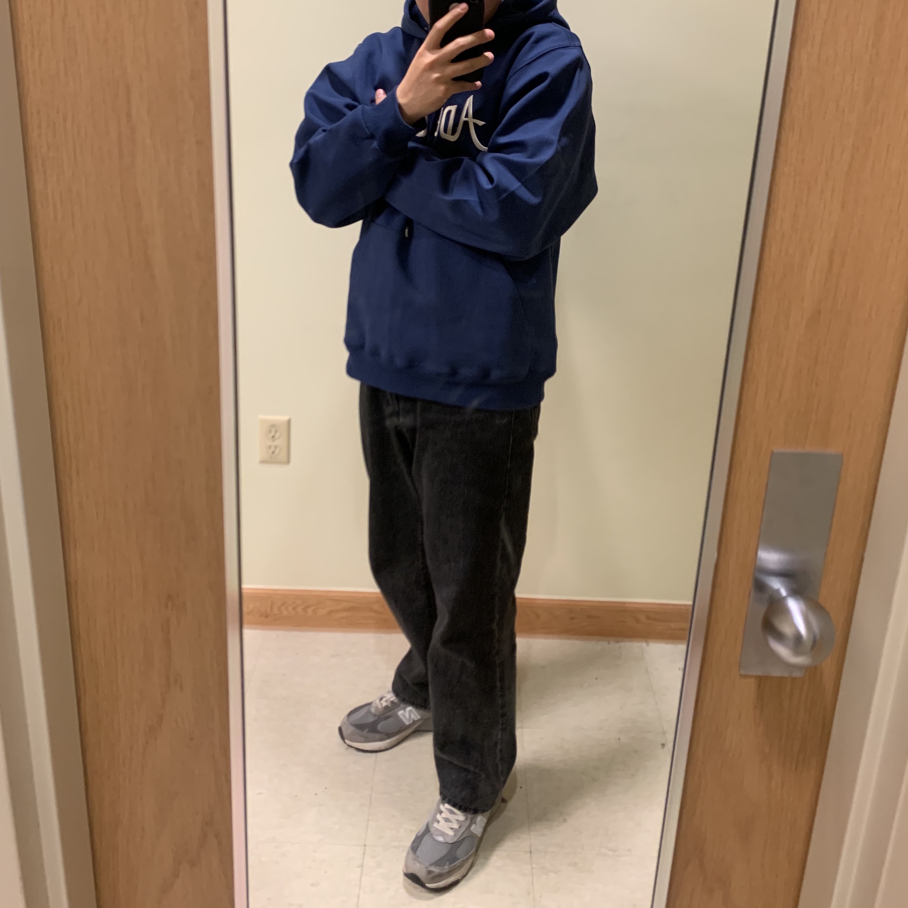 Ader Error Verif Logo Hoodie Navy, New Balance 993 Made in USA Grey - D Standard 착용 스타일